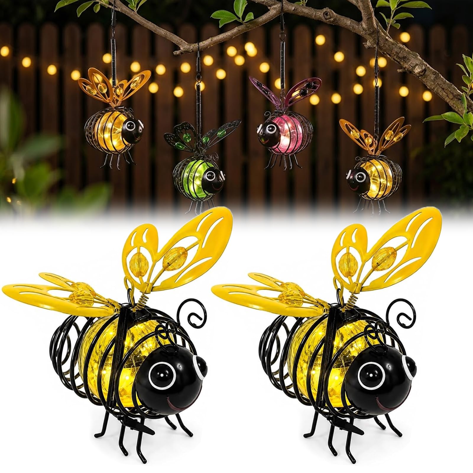 Solar-Powered Hanging Bee Light for Garden, Flicker-Free, Waterproof，2pcs A