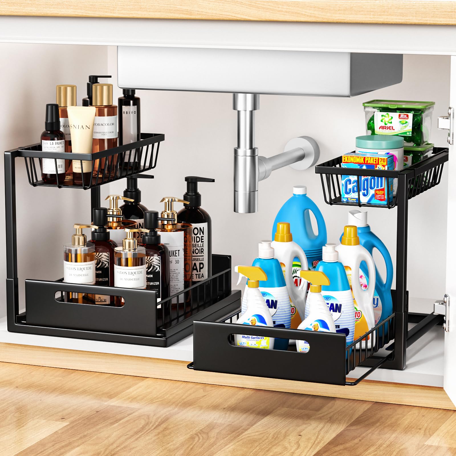 Cocolemon Rangement sous Évier Cuisine, Lot de 2 Métal Organisateur sous Evier Tiroir Coulissant à Extraction Forme en L, Rangement Et Organisation De Cuisine Stable de Grande Capacité, Noir