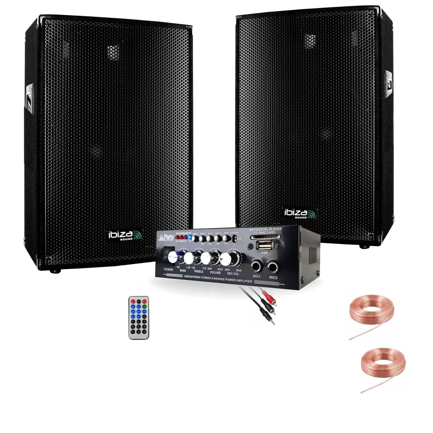 IBIZA SOUND - PACK SONO 600W TOTAL + AMPLI + 2 ENCEINTES 300W PA DJ SONO MIX LED LIGHT SOIRÉE FAMILIALE BAR CLUB MAISON DANSE