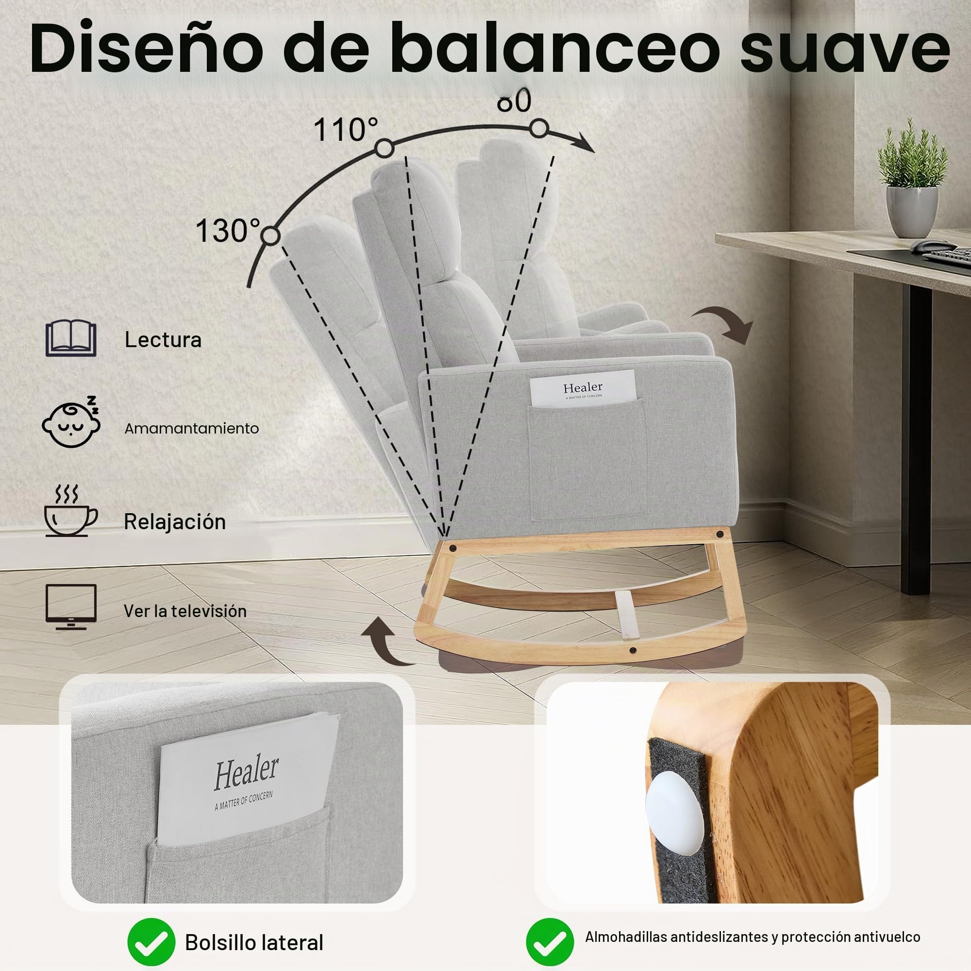 Mecedora para Lactancia, Respaldo Alto, de Lino, para Adultos, con Bolsillos Laterales y Base de Madera para Sala de Estar, Dormitorio, Color Gris Claro