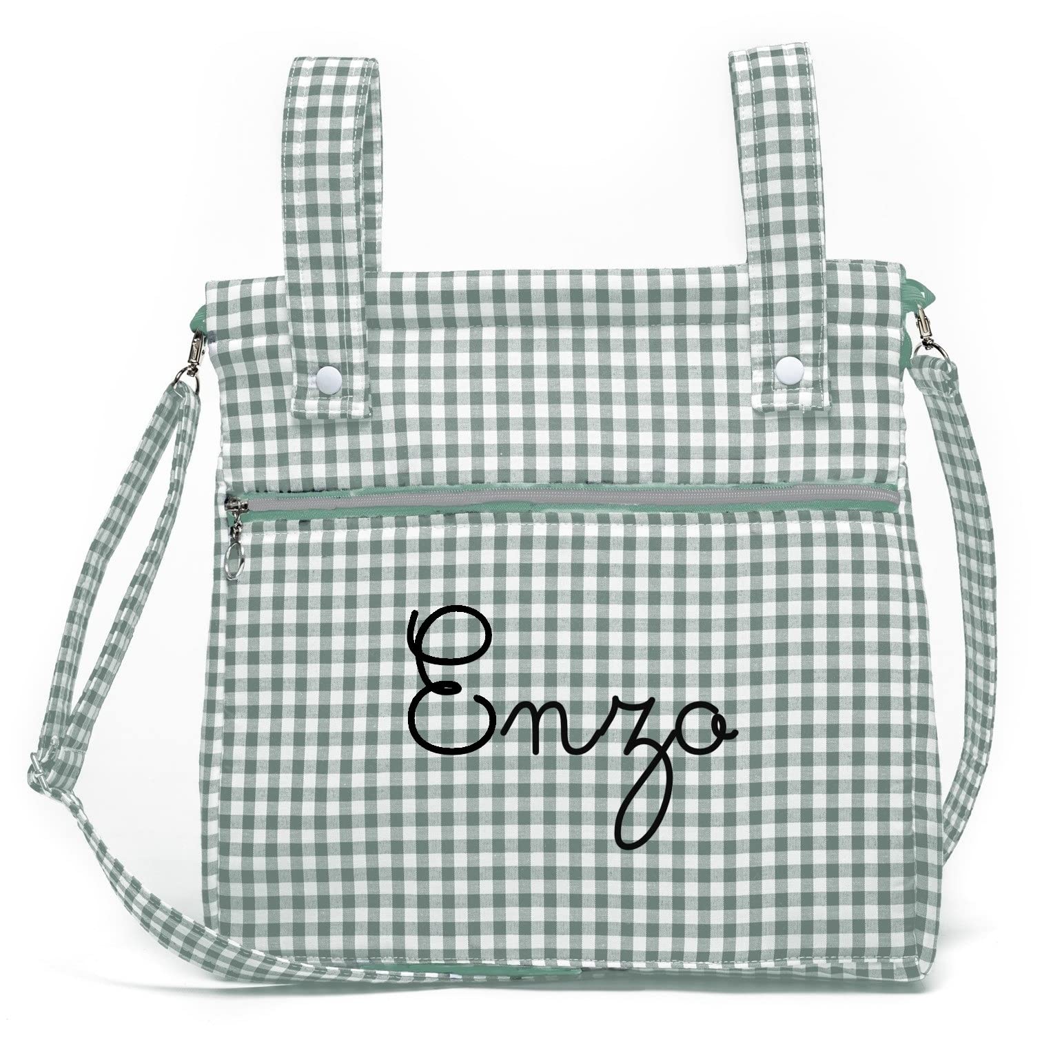 Conjunto de Saco Silla de paseo Universal + Bolso Panera Personalizada – Conjunto Saco Universal + Talega o bolsa para carrito bordada con nombre – Vichy Menta – Nenel
