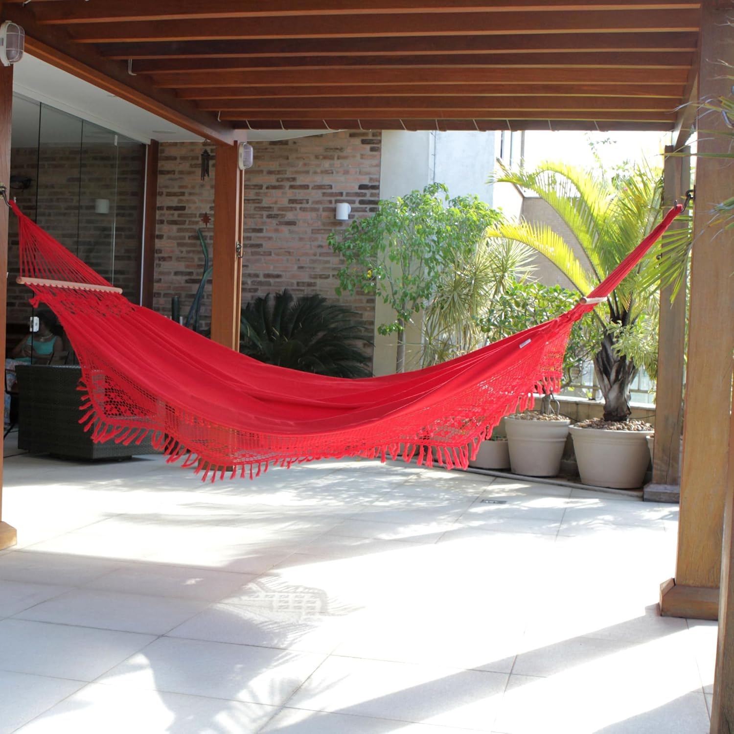 NOVICA Bright Red Cotton Fabric 1 Person Brazilian Hammock with Spreader Bars and Crochet Fringe, Tropical Red' (Single)