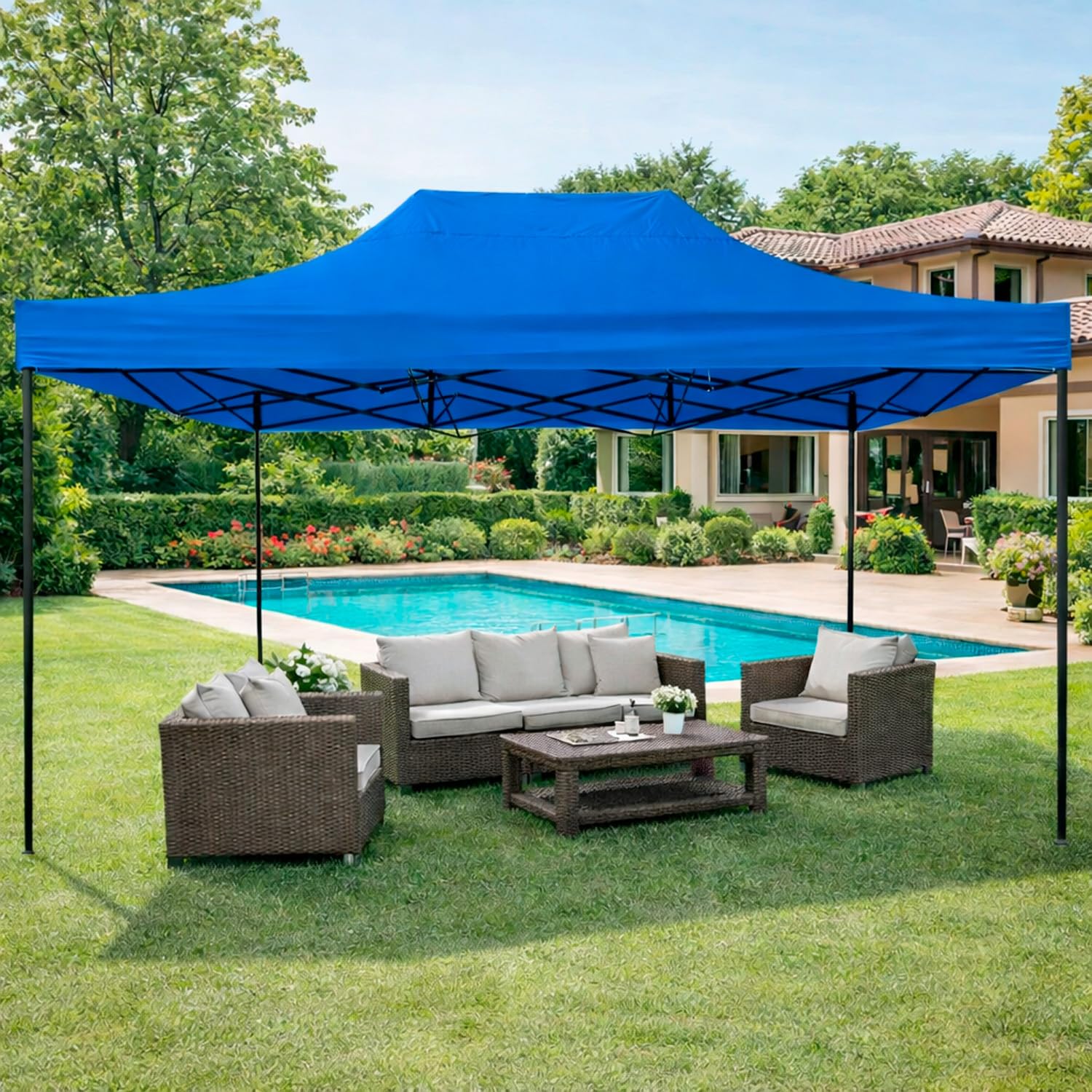 Gazebo Professionale 3x4.5 M Richiudibile Automatico In Acciaio Con Telo Oxford 1200D PVC Impermeabile e Anti UV Struttura a Fisarmonica con Sacche Zavorra e Borsa Trasporto Sagre Feste (Blu)