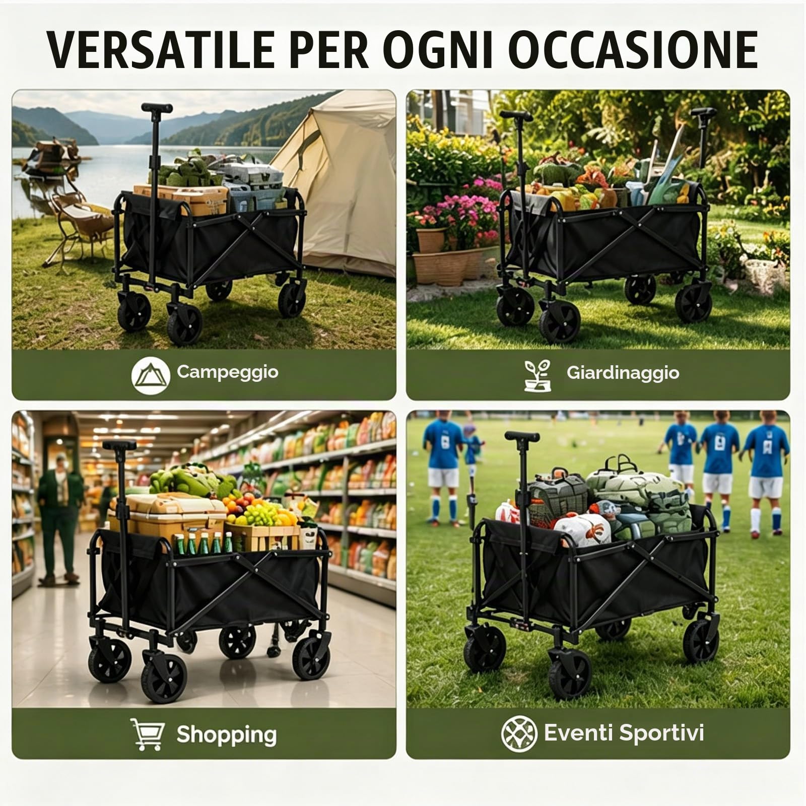 Carrello pieghevole leggero e compatto, pieghevole, portata 50 kg, con manico regolabile, salvaspazio, per la spesa, campeggio, spiaggia, gite, tessuto Oxford, nero, mini