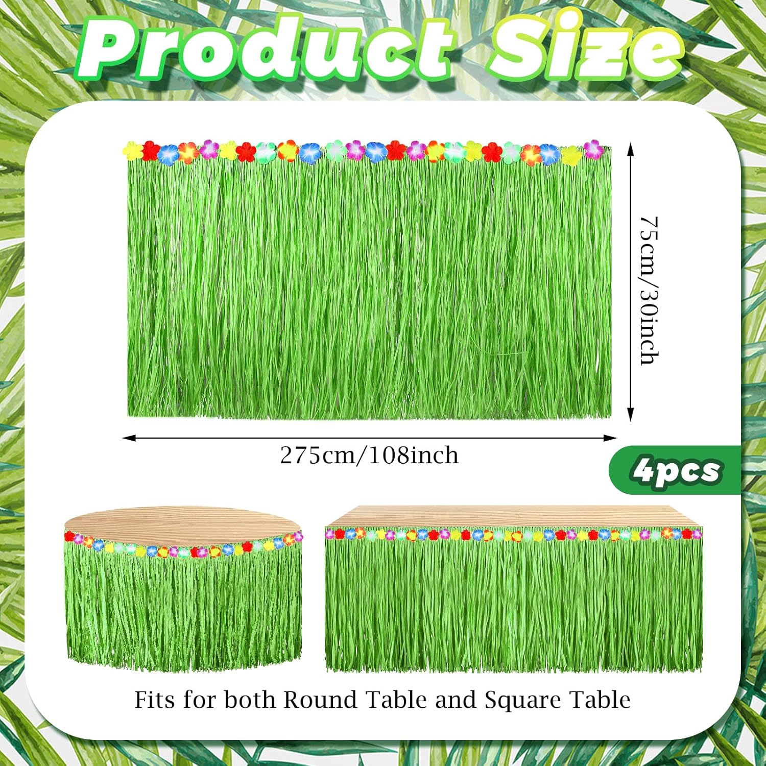 Hawaiian Luau Grass Table Skirt 9 Feet x 30 Inches Raffia Table Skirt Tiki Bar Table Decoration with Hibiscus Flowers for Tropical Hawaiian Luau Party Costume Party Decorations(Green,4 Pack) - Image 2