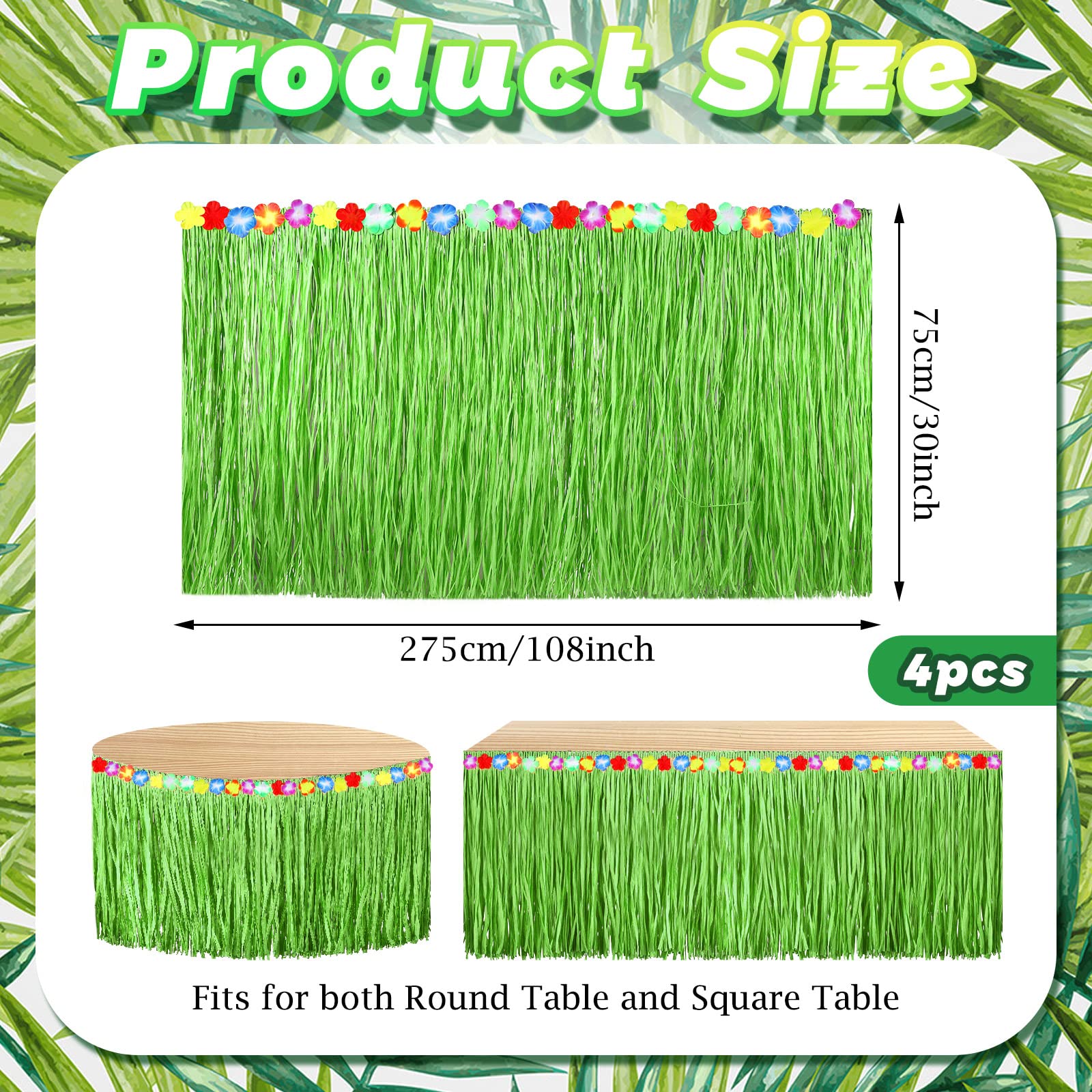 Hawaiian Luau Grass Table Skirt 9 Feet x 30 Inches Raffia Table Skirt Tiki Bar Table Decoration with Hibiscus Flowers for Tropical Hawaiian Luau Party Costume Party Decorations(Green,4 Pack)