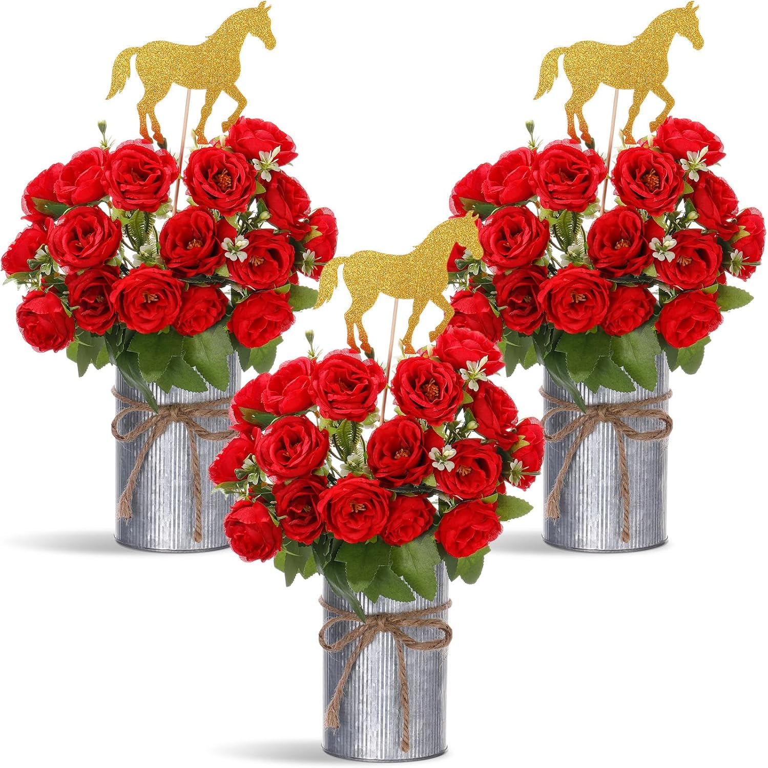 12 Pcs Derby Day Horse Party Decorations Roses Centerpiece with Horse Racing Centerpiece Sticks, Simulated Iron Flower Pots, Artificial Rose for Derby Day Racing Birthday Party Supplies