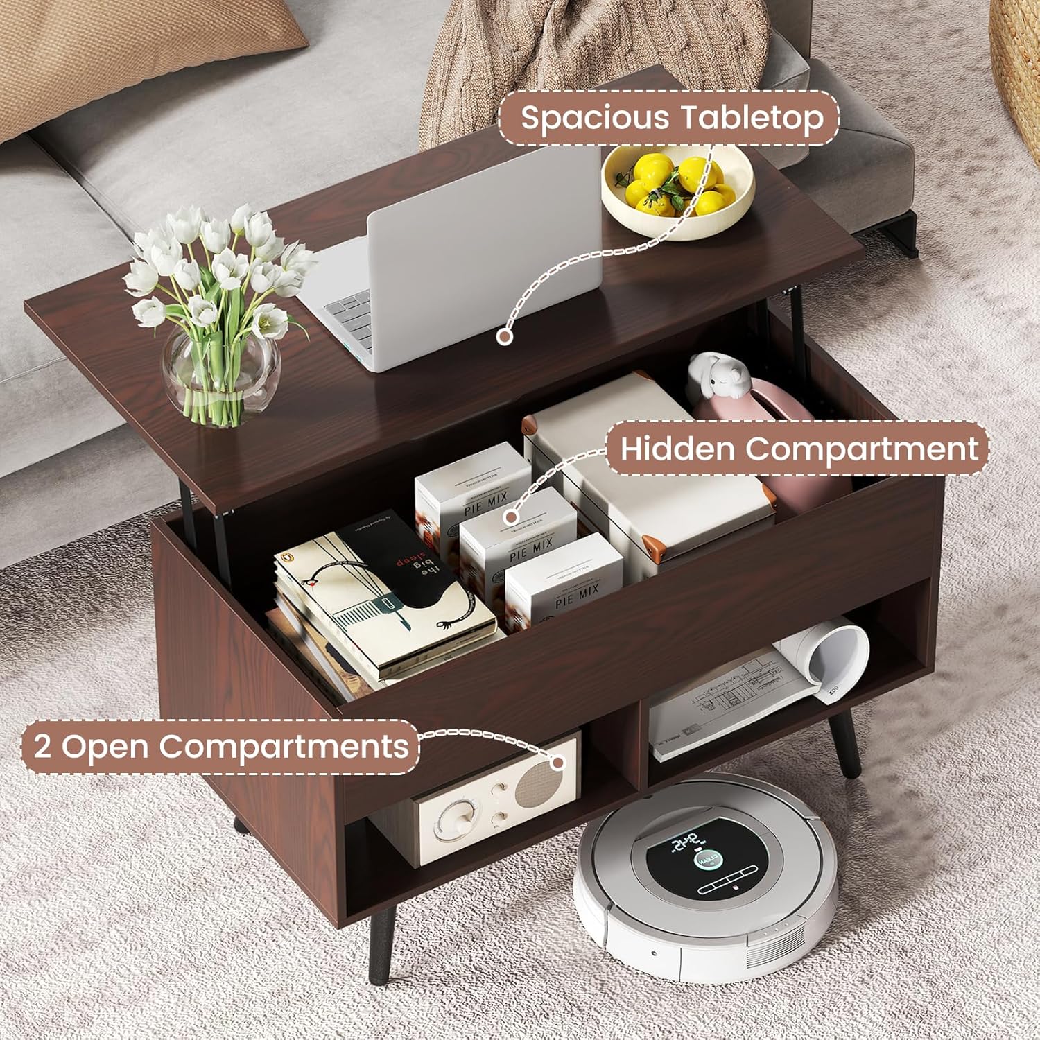 Nightcore Lift Top Coffee Table, Modern Wooden Center Table w/Hidden Compartment & 2 Open Storage Shelves, 17.5" to 23" Adjustable Height, Living Room Table for Office, Reception Room (Walnut)