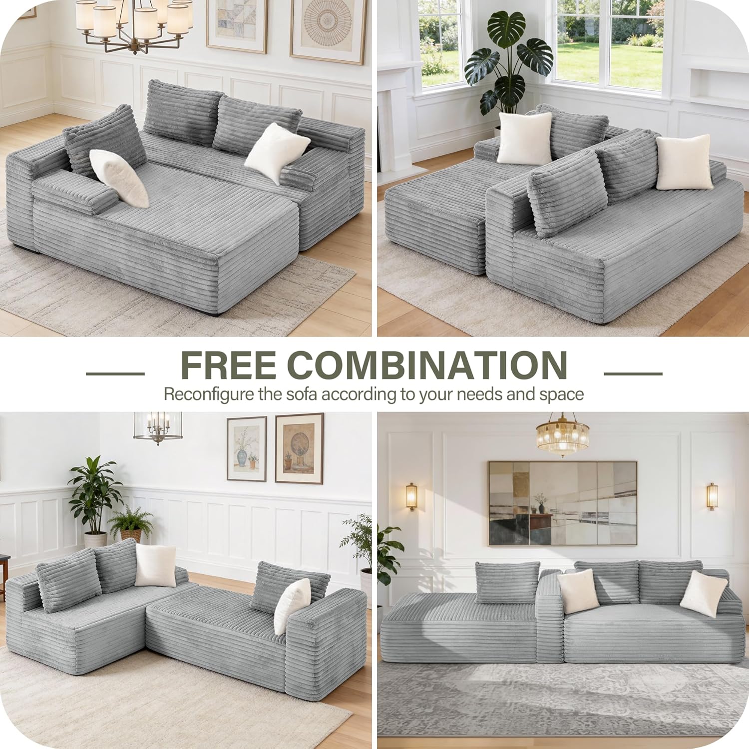 Modular Sectional - L-Shape Cloud Seating with Memory Foam, Convertible 3-Seat Living Room Furniture, Oversized Chaise Lounge, Washable Cover (Light Grey, 109", Left Hand Facing)