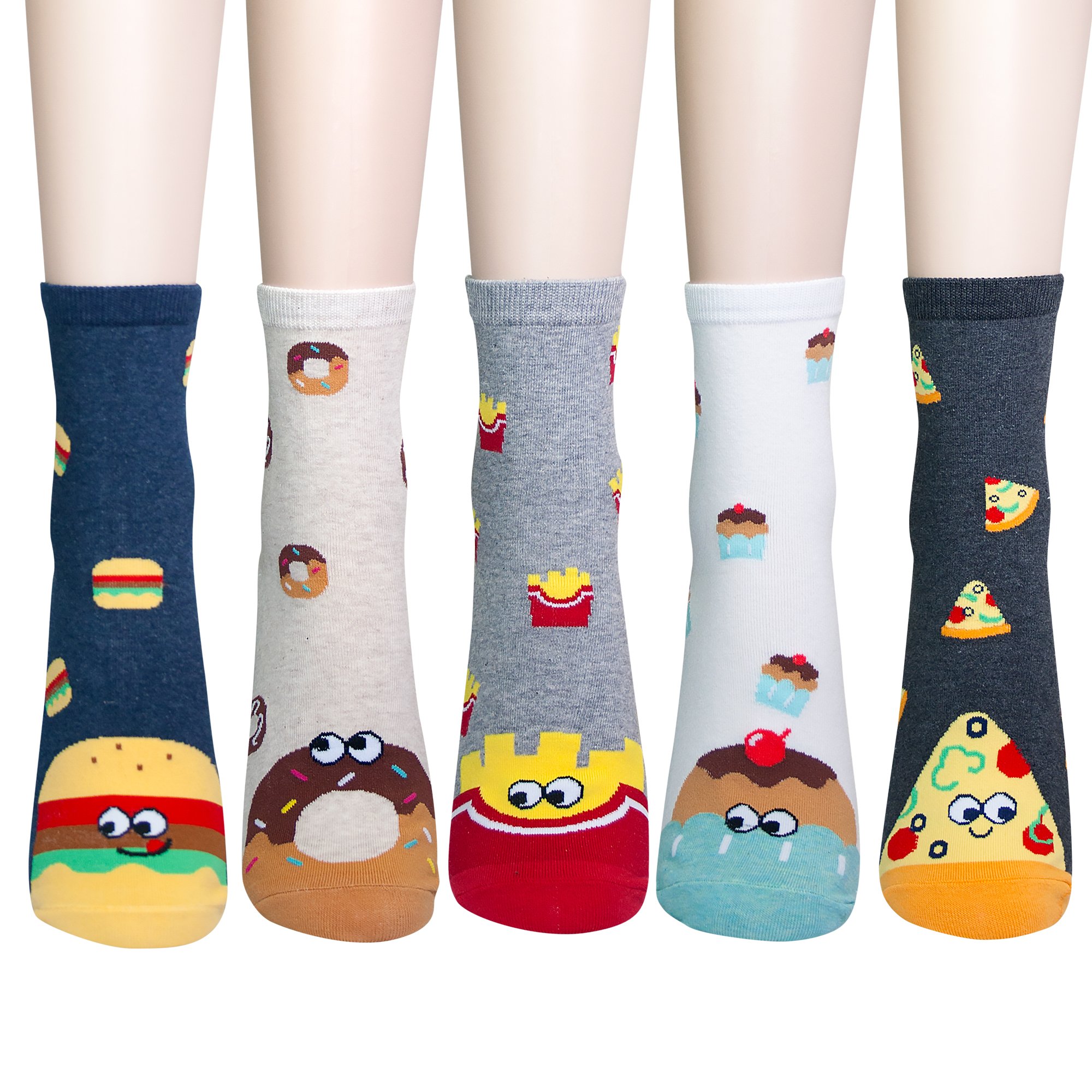 YEJIMONG Women’s 5 Pairs Cotton Fun Panda Duck Fruits Food Birthday Designed Novelty Crew Socks Gifts Size 6-9, Foodie - 5 Pairs, M