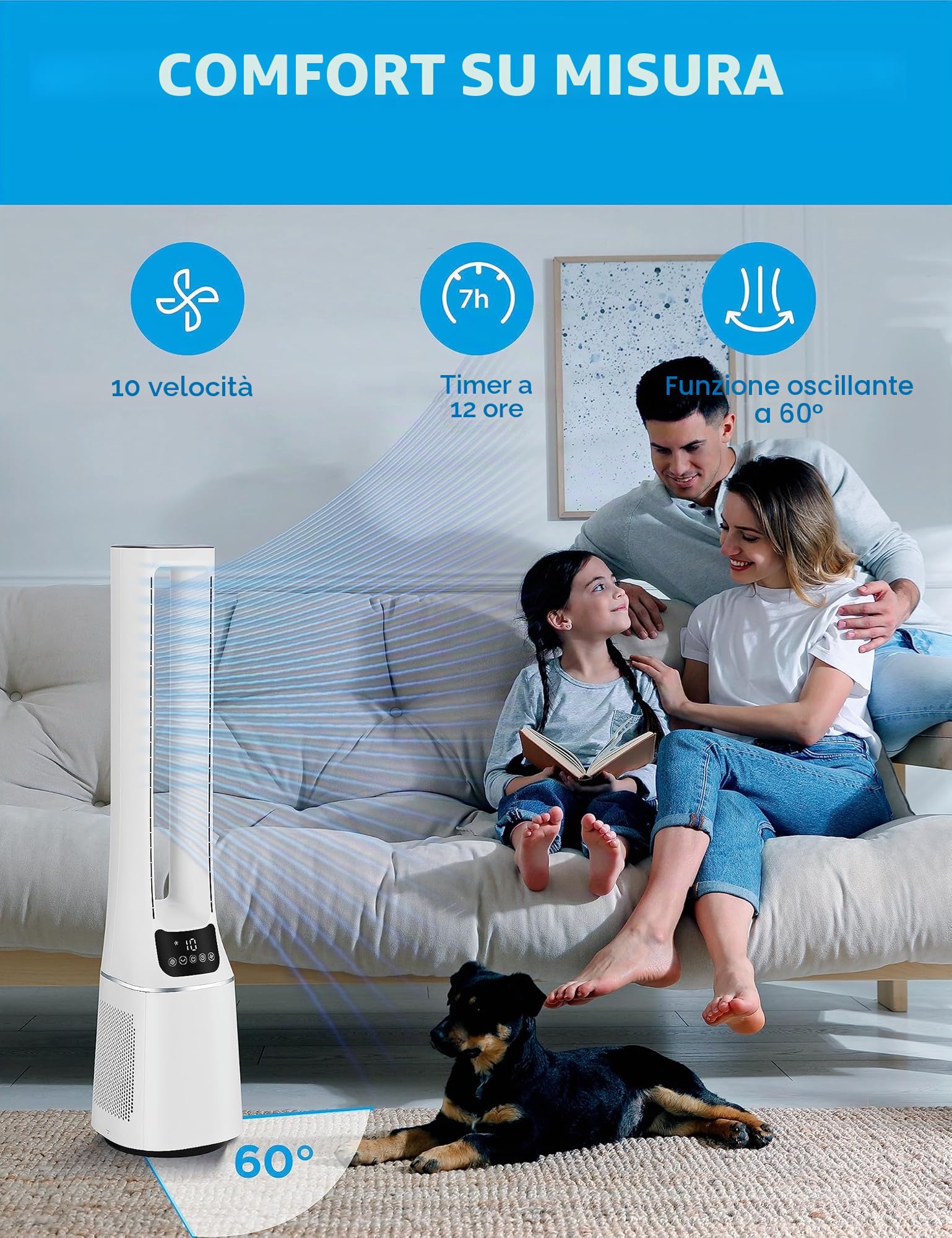 Midea MFP-120 (WH) Ventilatore a torre 2 in 1 Silenzioso 38dB Purificatore d'aria CADR 120 per display LED 47,6 ㎡ Telecomando Oscillazione 12H Timer Bianco
