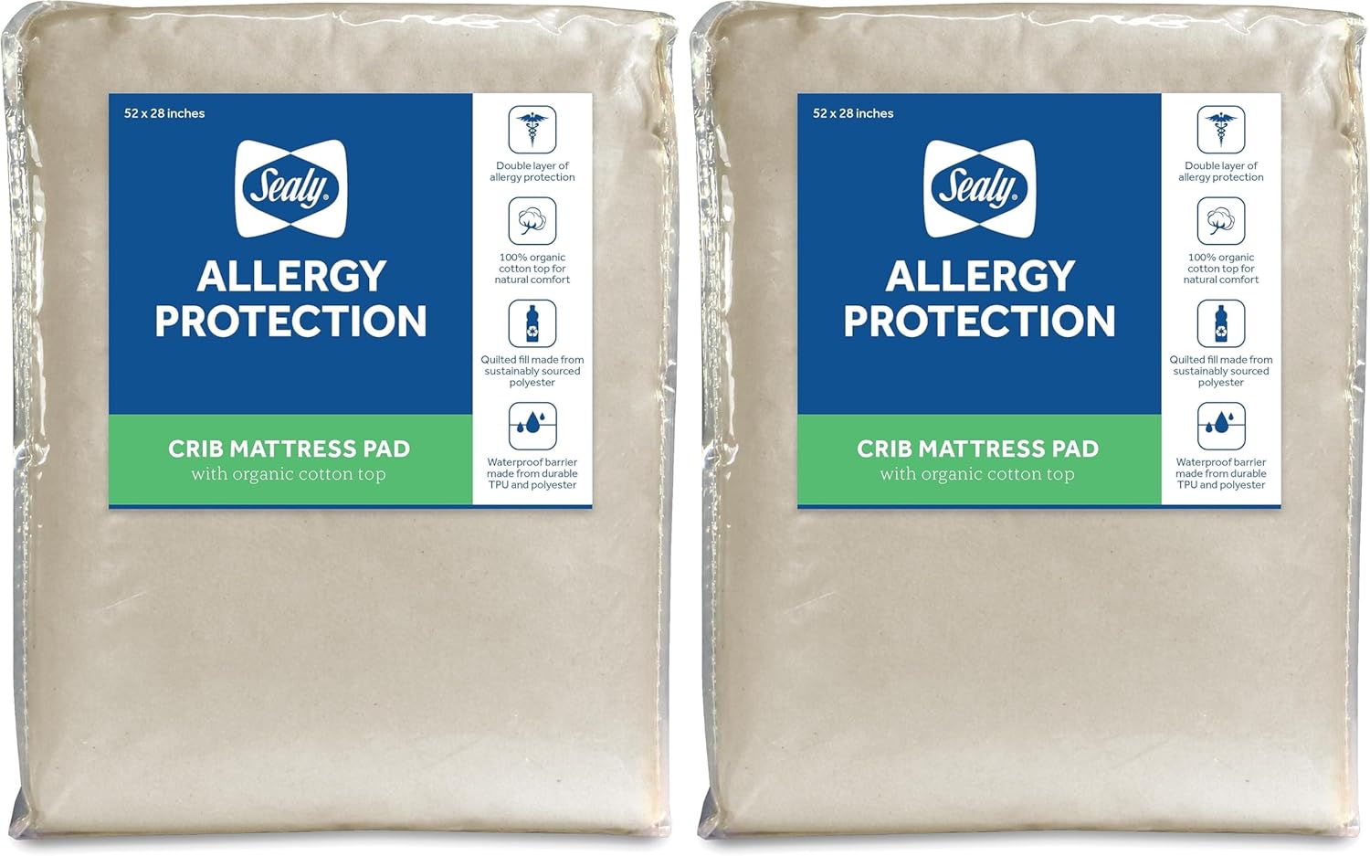 Sealy Organic Cotton Top Cooling Waterproof Fitted Toddler Bed and Baby Crib Mattress Pad Cover Protector, Noiseless, Machine Washable and Dryer Friendly, 52" x 28" - White (Pack of 2)