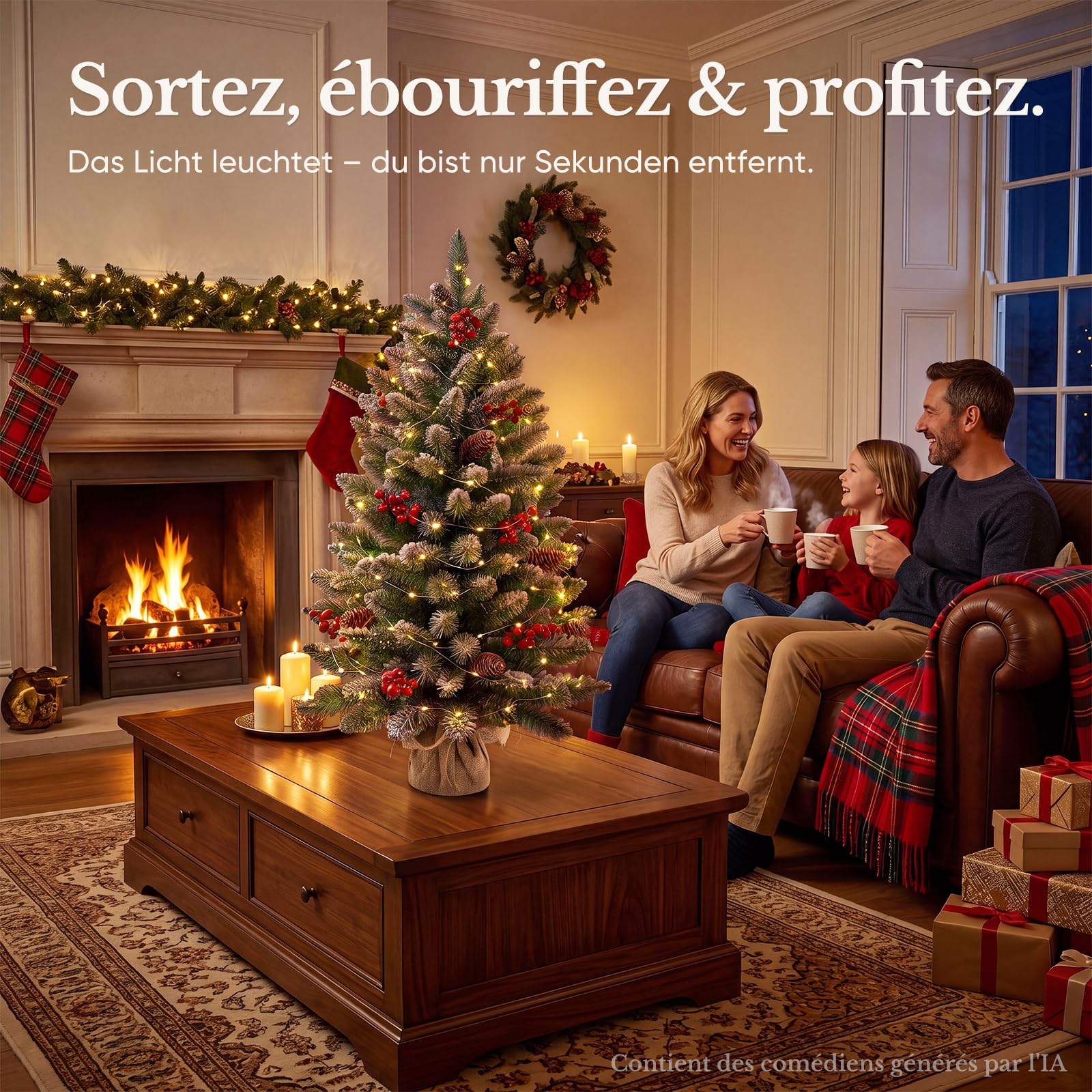 HOKEEPER Sapin de Noël artificiel 90 cm avec LED et baies | Sapin de Noël artificiel avec pommes de pin, montage facile, support stable, festif
