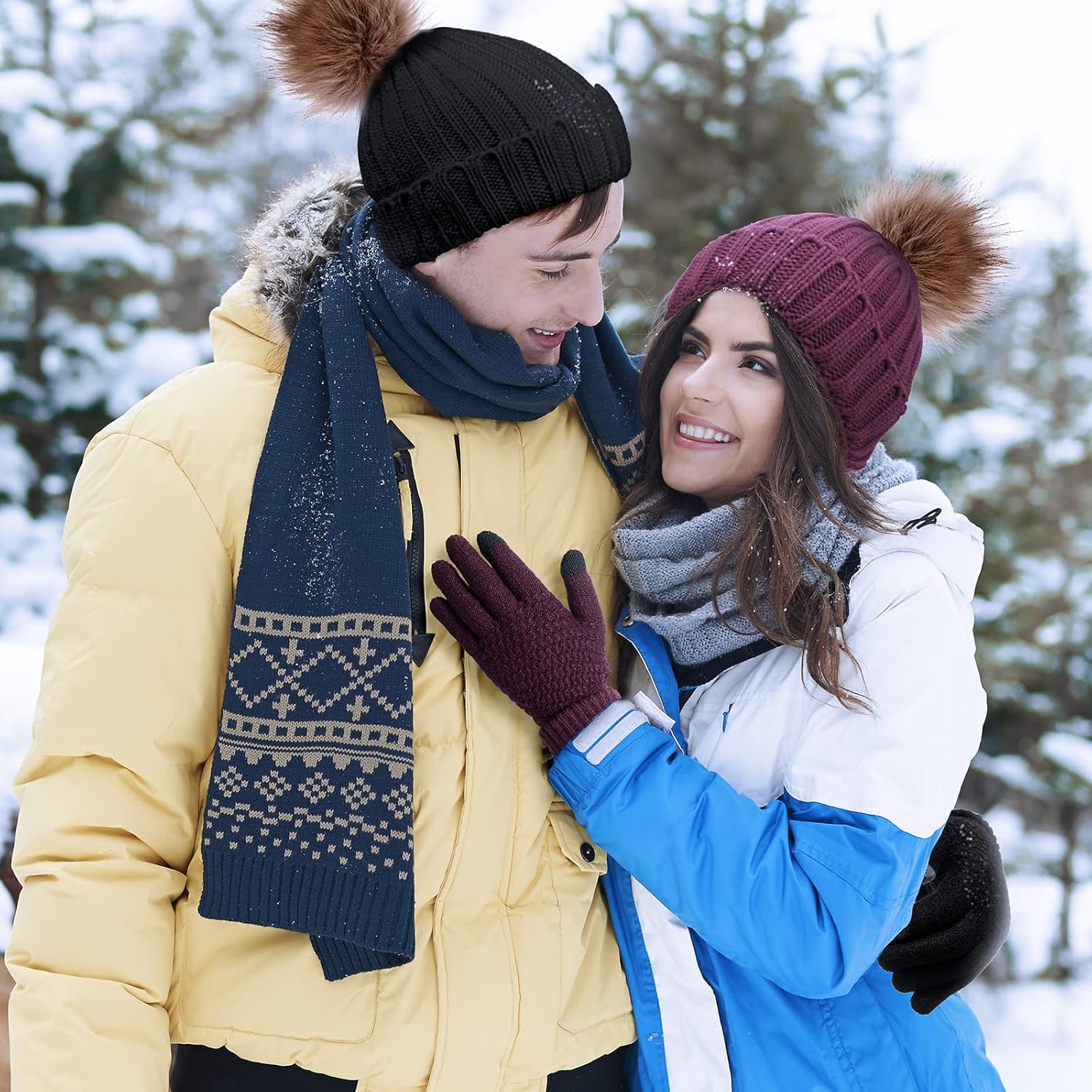 4 Pcs Winter Beanie Hat Gloves Set Pom Knit Unisex Warm Fleece Lined Hat Touchscreen Gloves for Women Men Couples Friends - Image 7