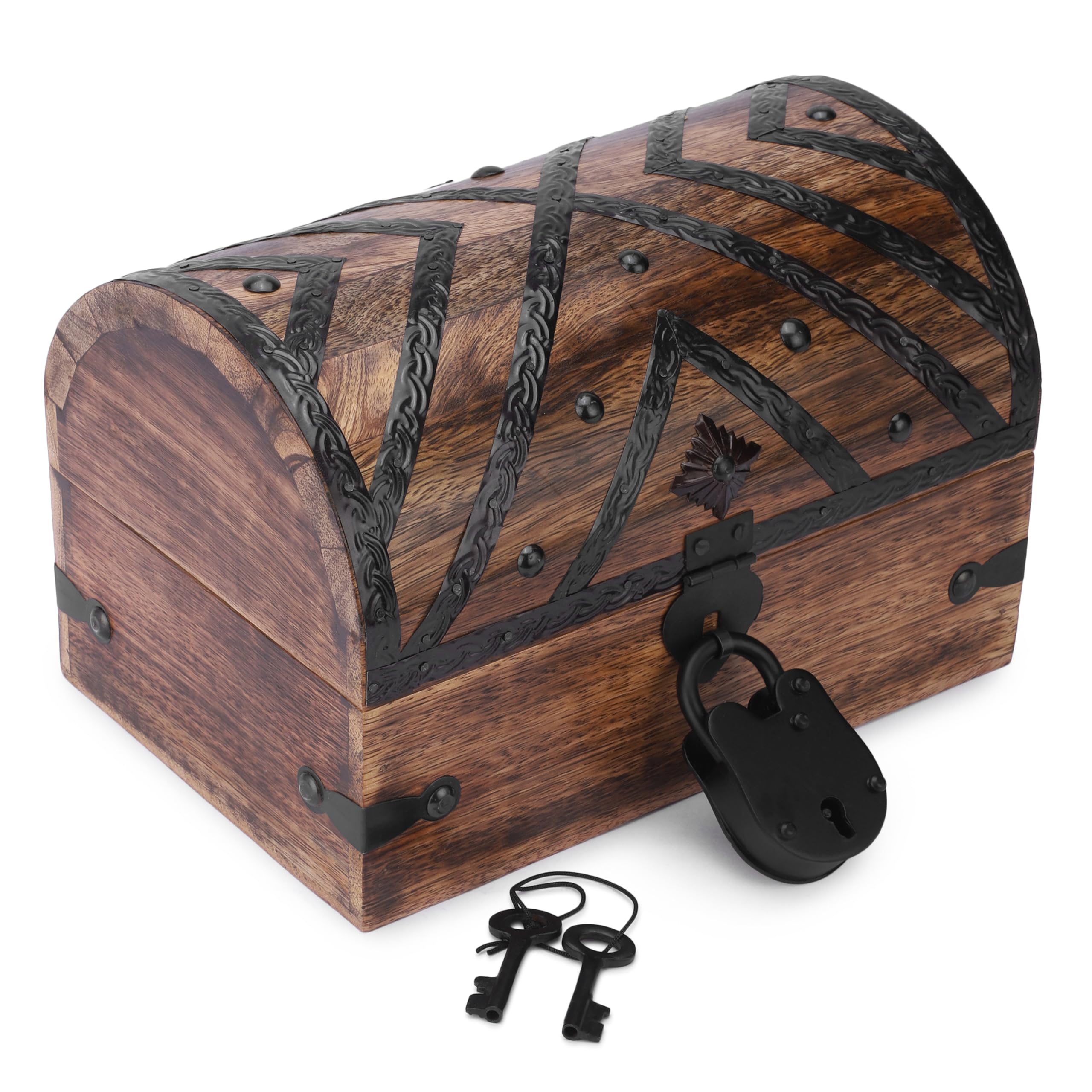 Ajuny Brown Treasure Chest With Lock & Key - Handcrafted Decorative Storage Pirate Chest Jewellery Box With Shell Strips Multipurpose Keepsake Organiser For Rings, Letters & Trinket Case Gifts 9X6 Inch
