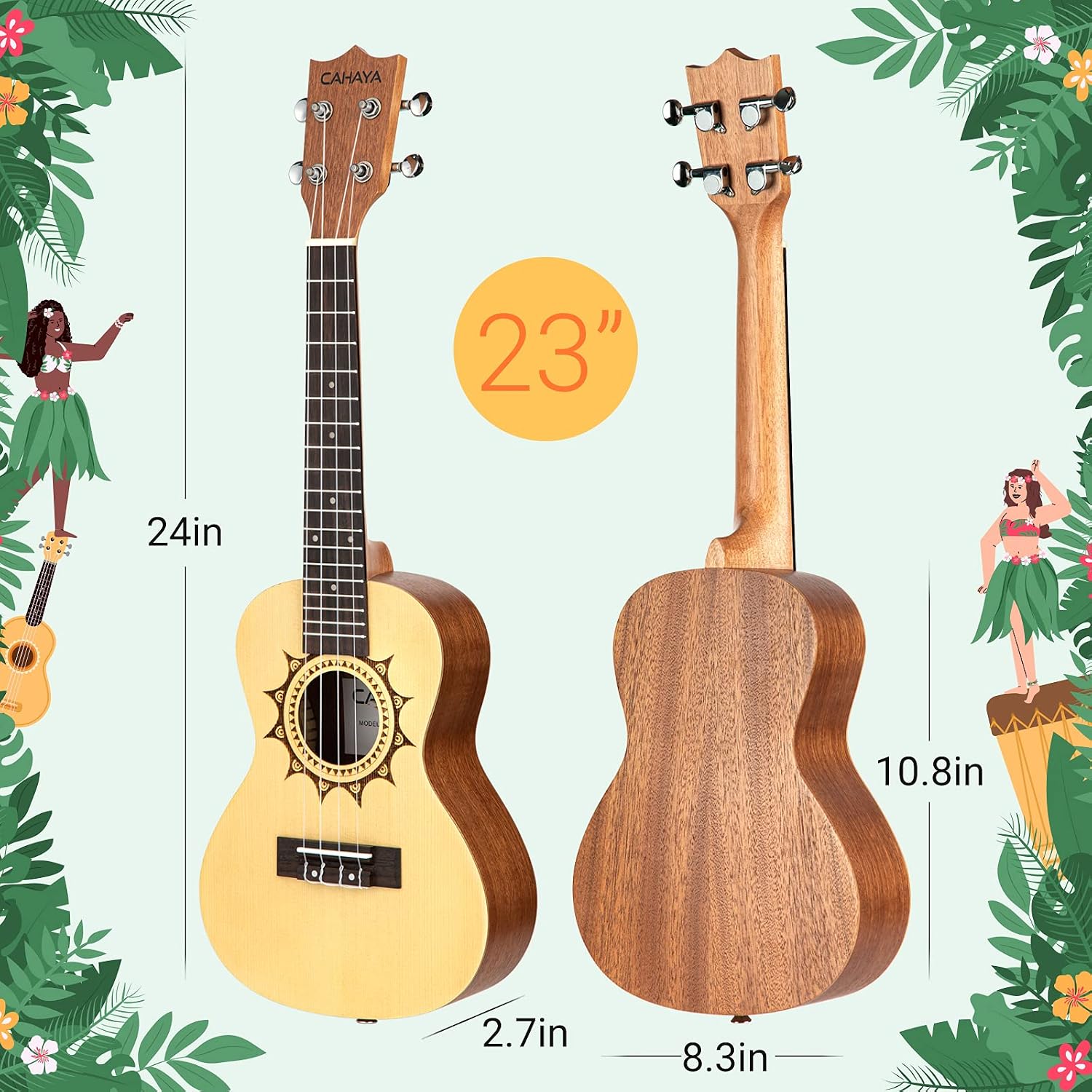 CAHAYA Ukulele Kit Beginner Starter 23 Inch with Gig Bag, Rainbow Strap, Fretboard Stickers, for Both Adults and Kids, Spruce Sapeley, Model CY0069