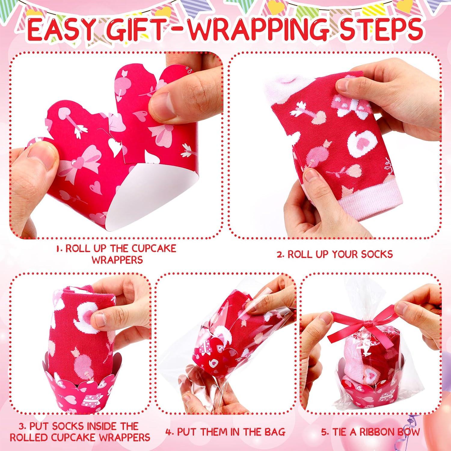 Cozypower 12 Pairs Valentine's Day Cupcake Socks Gifts for Women Pink Crew Socks Bulk with Gift Wrap Heart Novelty Gifts for Wife Girlfriend Mother, 6 Styles