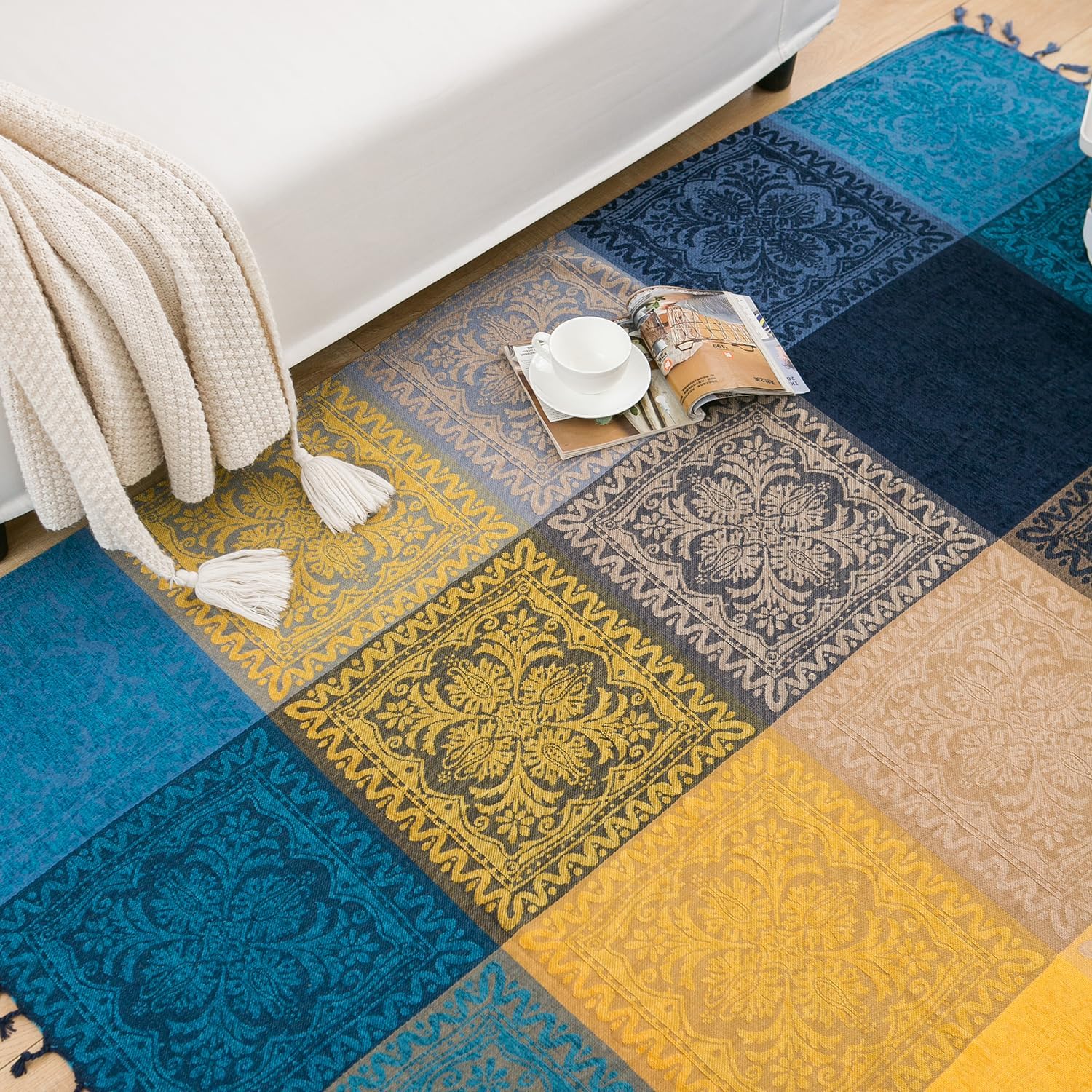 Boho Throw Blanket 60x75 - Aztec Tribal Chenille Blanket for Couch Bed - Soft Decorative Bohemian Blanket with Fringe Tassels - Lightweight for Home, Camping, Gift Blue/Yellow