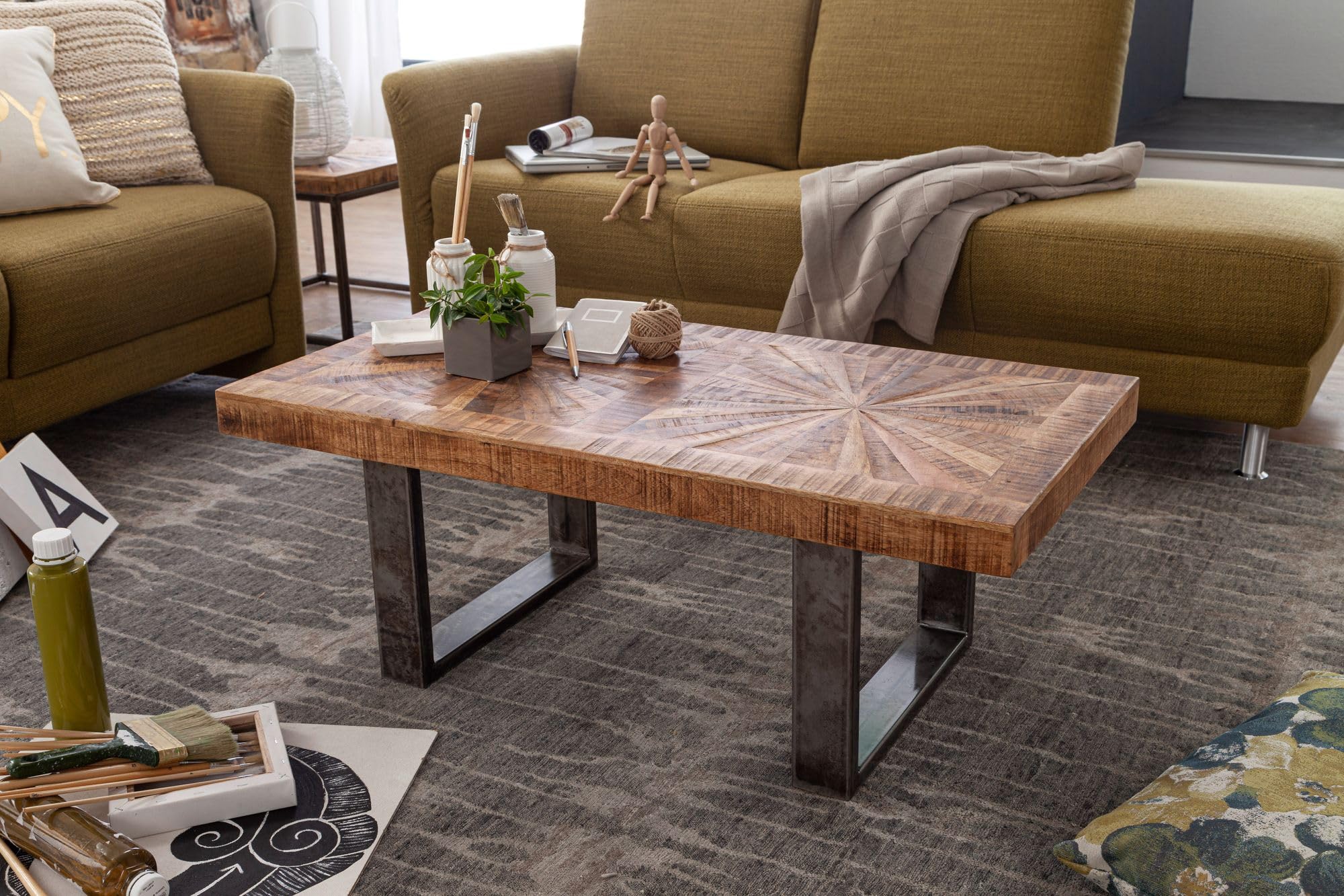 FineBuy Mesa de Centro Industrial Rectangular 105x55x40 cm Madera Maciza de Mango y Metal | Mesa Auxiliar para Salón | Mesita Café para Sofá | Mesa de salón rectangular con estructura de metal, mesa de sofá de madera auténtica, rústica, hecha a mano, únic