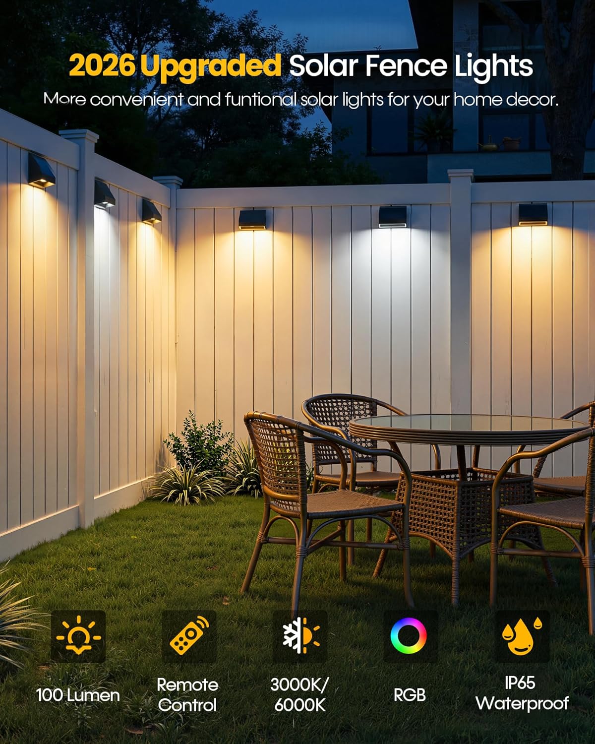 Bridika 4 Pack Solar Fence Lights, 100 Lumen Ultra Bright with Remote Control, 9 Colors & 3 Modes, 1500mAh Solar Lights Outdoor, IP65 Waterproof Solar Wall Lights for Backyard, Patio, Deck, Garden
