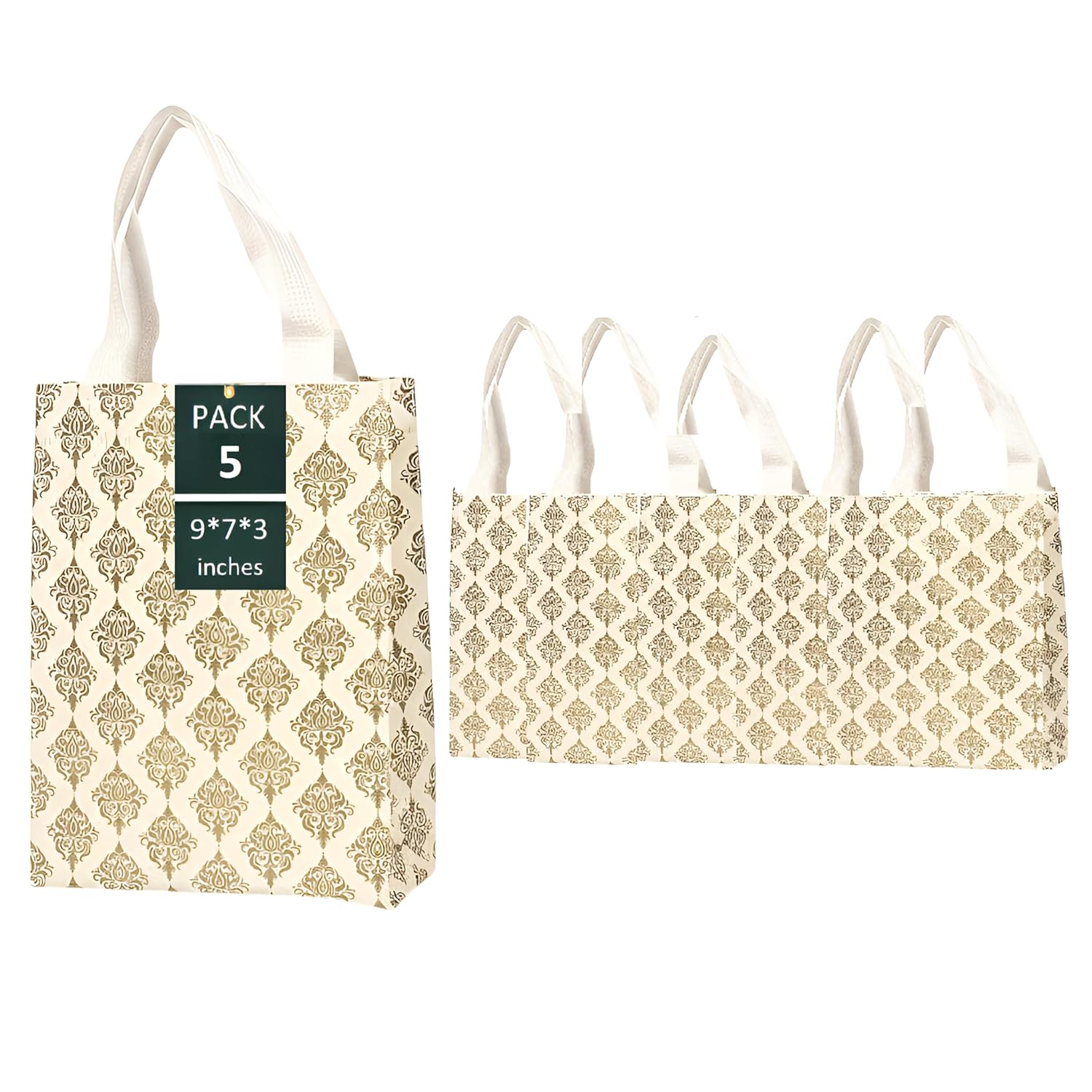 ekysa dekor White Gold Damask Pattern Bags with Handles (Pack of 5) – 9x7x3 Inches, Reusable Non-woven Laminated Eco-Friendly Glossy Tote Bags for Wedding/Party Return Gift, Festive Hamper (Water-Resistant) ekysa dekor White Gold Damask Pattern Bags with Handles (Pack of 5) – 9x7x3 Inches, Reusable Non-woven Laminated Eco-Friendly Glossy Tote Bags for Wedding/Party Return Gift, Festive Hamper (Water-Resistant)