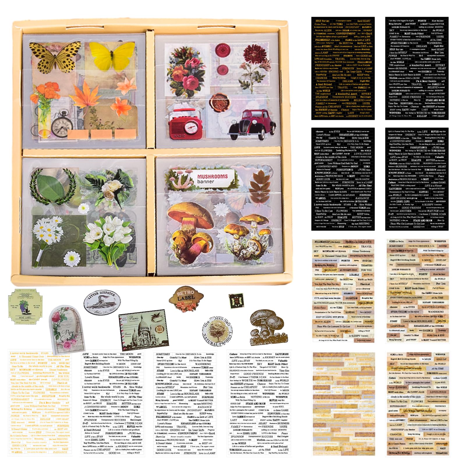 1451 pcs/112 Sheets Florales Pegatinas Set, Transparent Flores Pegatinas Scrapbooking con Frases Adhesivas, Vintage Suministros de Diario para Botella de Agua Álbum Scrapbook Sobre Tabla de Skate