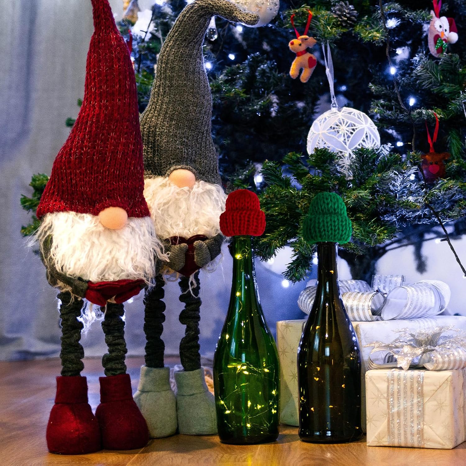 EBOOT 48 Pcs Mini Knit Hats for Crafts Mini Wool Yarn Doll Hats for Winter Decor Crafts Art DIY Hair Accessories Bottle Caps Christmas Tree Hanging Ornaments