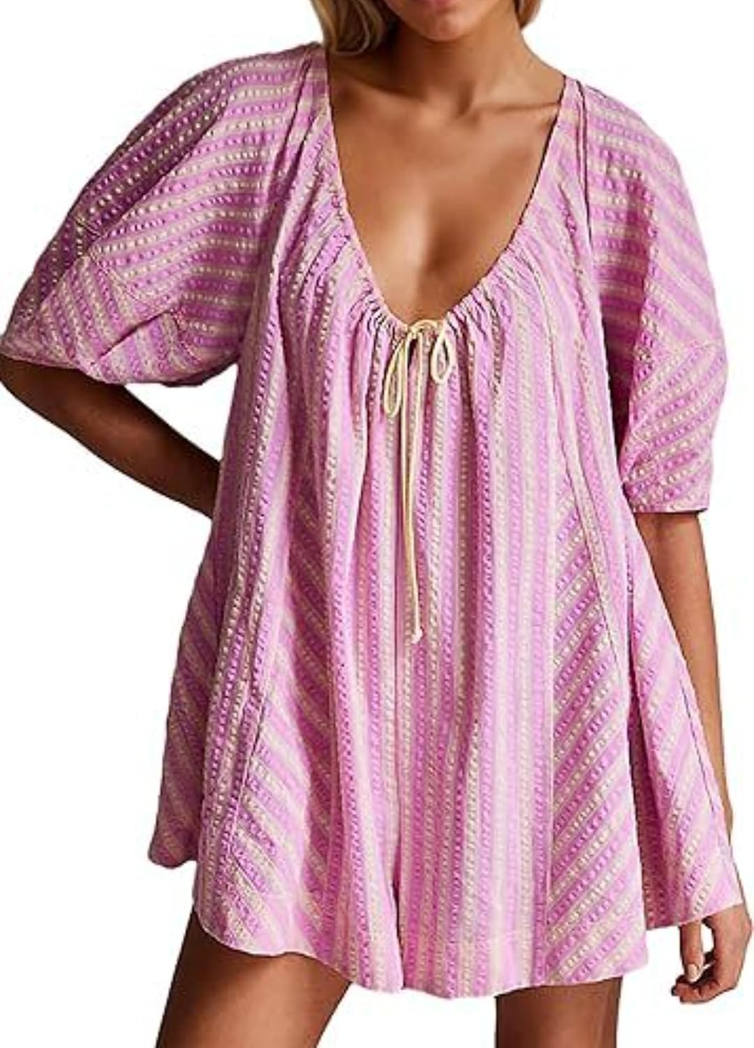 Y2k Shorts Romper Tie Front Casual Maternity V Neck Vacation Cute Puff Sleeve Summer Tshirt Rompers