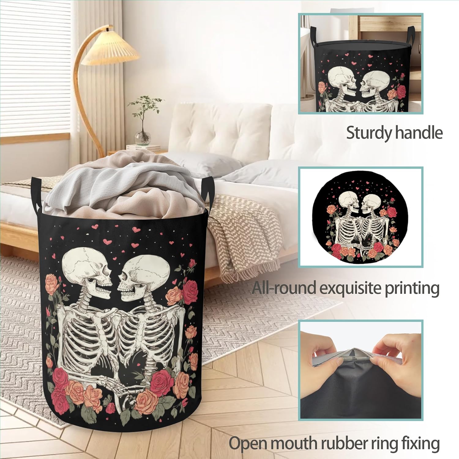 Laundry Hamper Foldable Oxford Cloth Love Skull Heart Laundry Basket With Handle Portable Clothes Storage Organizer Basket Storage Bag For Laundry Room/Bedroom/Bathroom