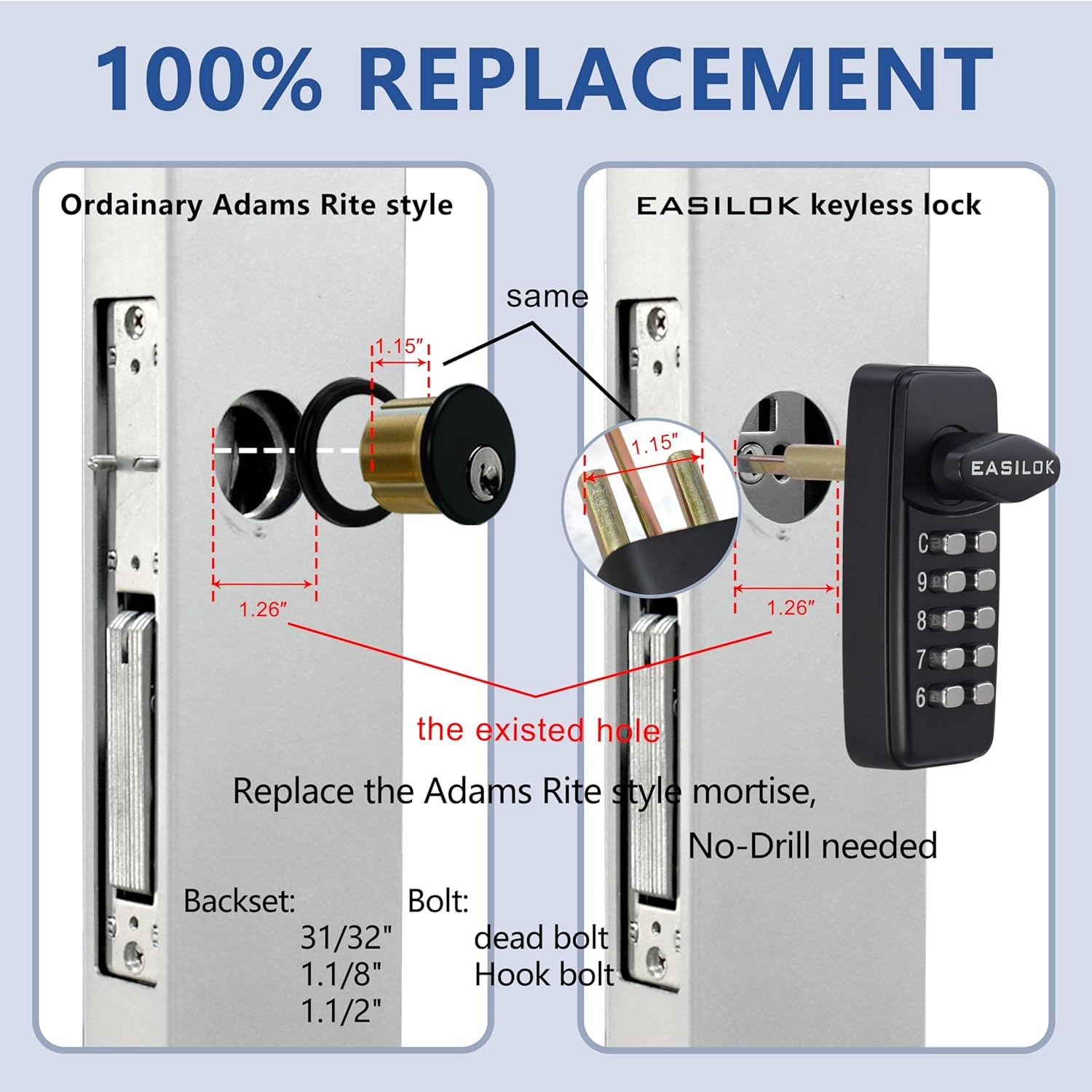 Keyless Keypad Storefront Door Lock, Mechanical Commercial Mortise Lock for Aluminum/Glass Narrow Stile Doors, No-Drill Adams Rite Replacement (Silver, Deadbolt, 1-1/8")