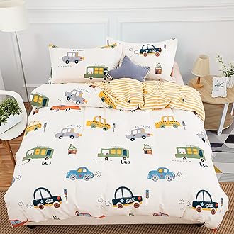 DJY Cars Cartoon Duvet Cover Set Queen Size, 3 Pieces 100% Cotton Breathable Bedding Sets (1 Duvet Cover+2 Pillowcases), Reversible Stripes Printed Comforter Cover Set for Kids Teens Boys Girls