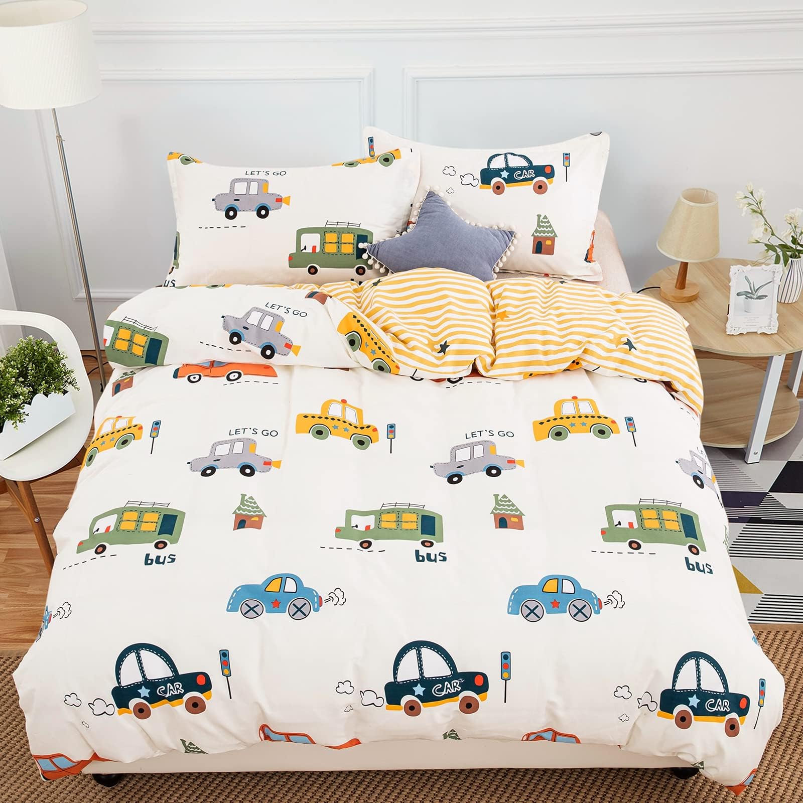 DJY Cars Cartoon Duvet Cover Set Queen Size, 3 Pieces 100% Cotton Breathable Bedding Sets (1 Duvet Cover+2 Pillowcases), Reversible Stripes Printed Comforter Cover Set for Kids Teens Boys Girls