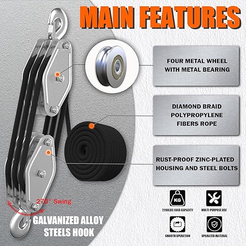 Miniatura 8 de Sistema de polea de polea de polea de cuerda, bloque de polea de 4400 libras y aparejos, relación 81 potencia de elevación de 38 × 65 pies, bloque