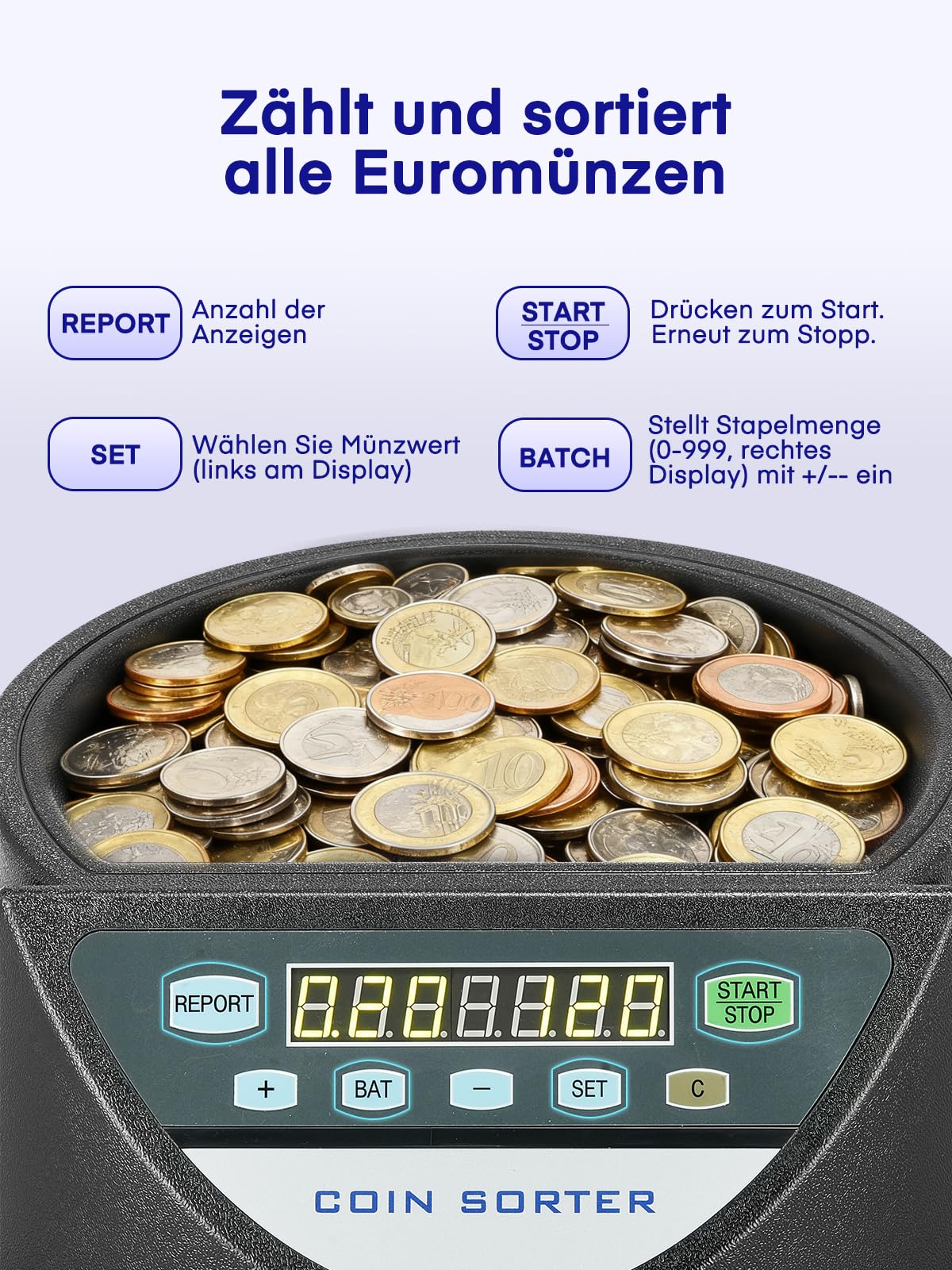 Münzzähler Euro Sortierer, Geldzählmaschine Münzen Sortierer 800 Münzen Kapazität, Münzen Zählmaschine mit 8 Auffangboxen, münzzählmaschine für Schulladenbank, schwarz, U-Bahnen