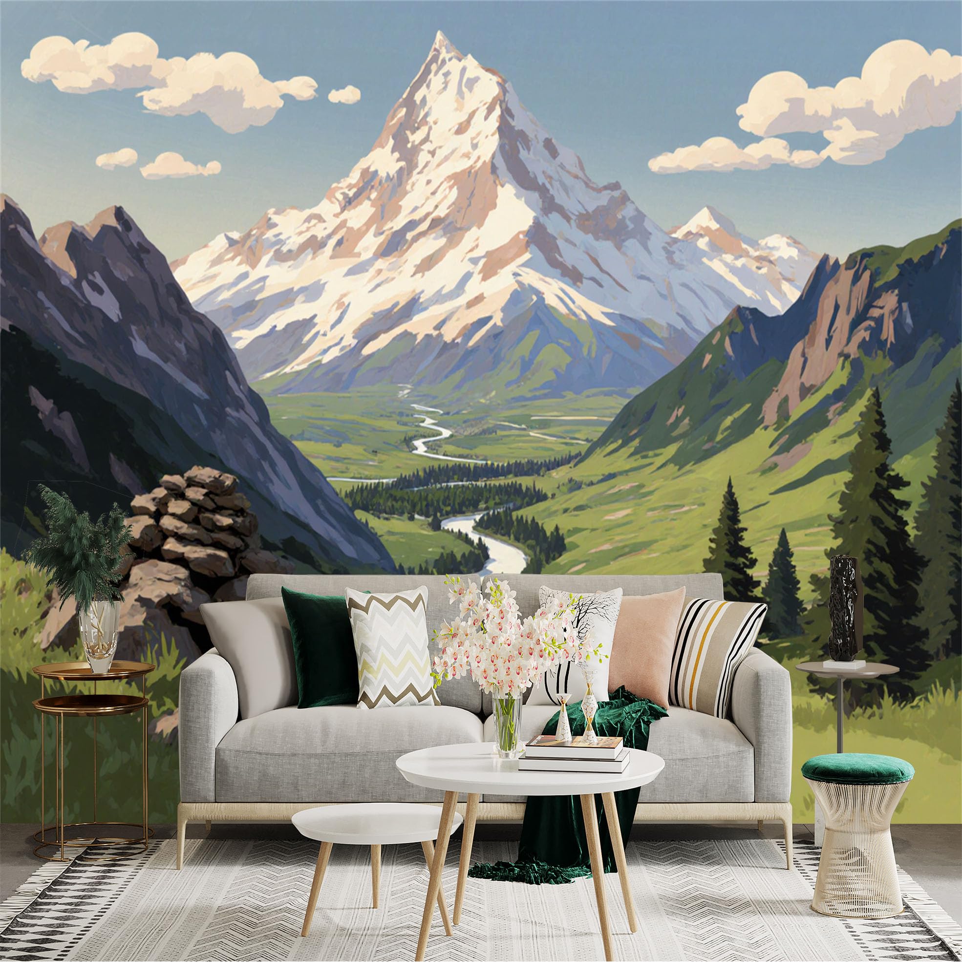 Lnzczhyre Xc260505351 Custom Size Wall Sticker Mural， Snow Capped Peak， Winding River Valley， Lush Alpine Scenery， Majestic Mountain Landscape， For Wall Decoration， Peelandstick Wall Decals.