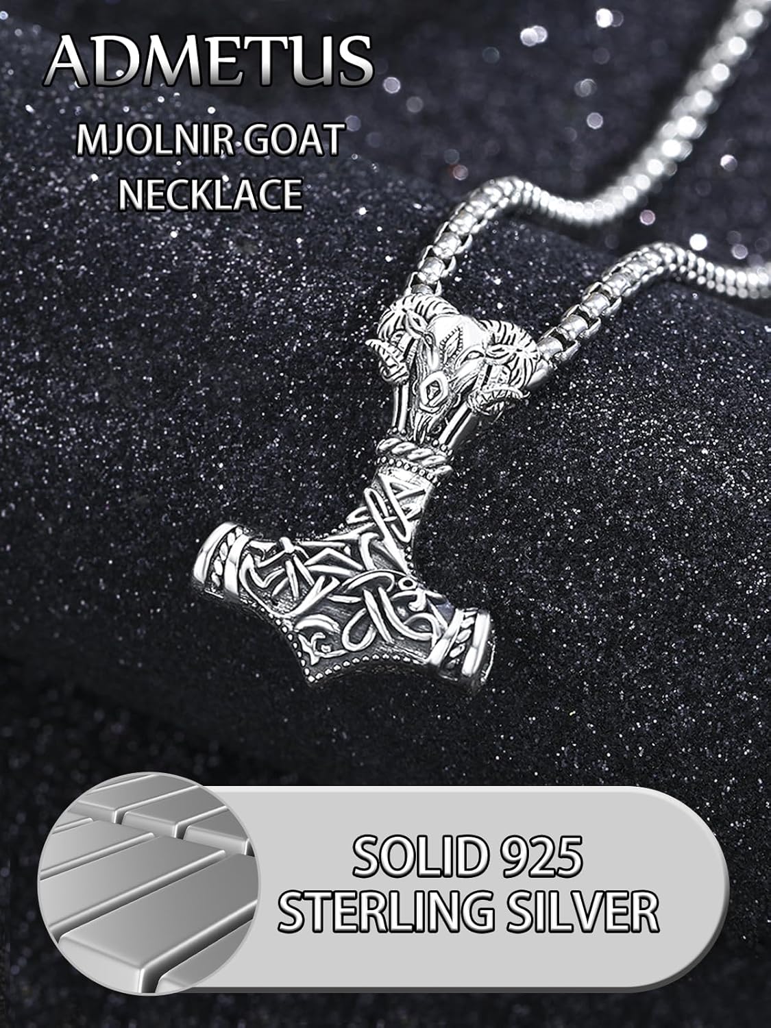ADMETUS 925 Sterling Silver Thor Hammer Necklace Viking Mjolnir Pendant Jewelry Gifts for Men with 2.5mm 22"+2" Rolo Chain - Image 4
