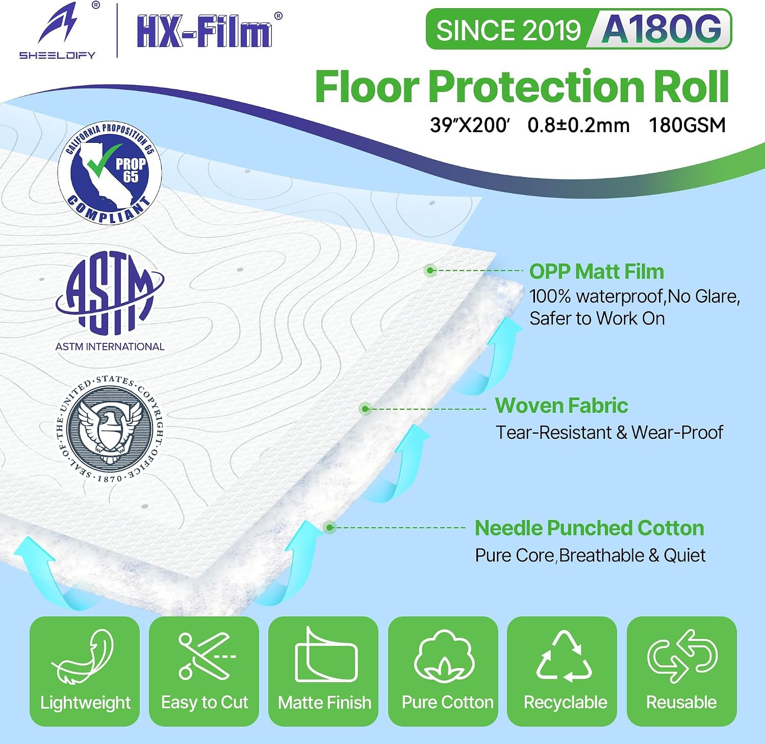 39" x200' heavy-duty floor protection | construction grade carpet protector | drop cloth plastic film for hardwood floors | waterproof painters covering with no residue(summit white) 39" x 200' summit white
