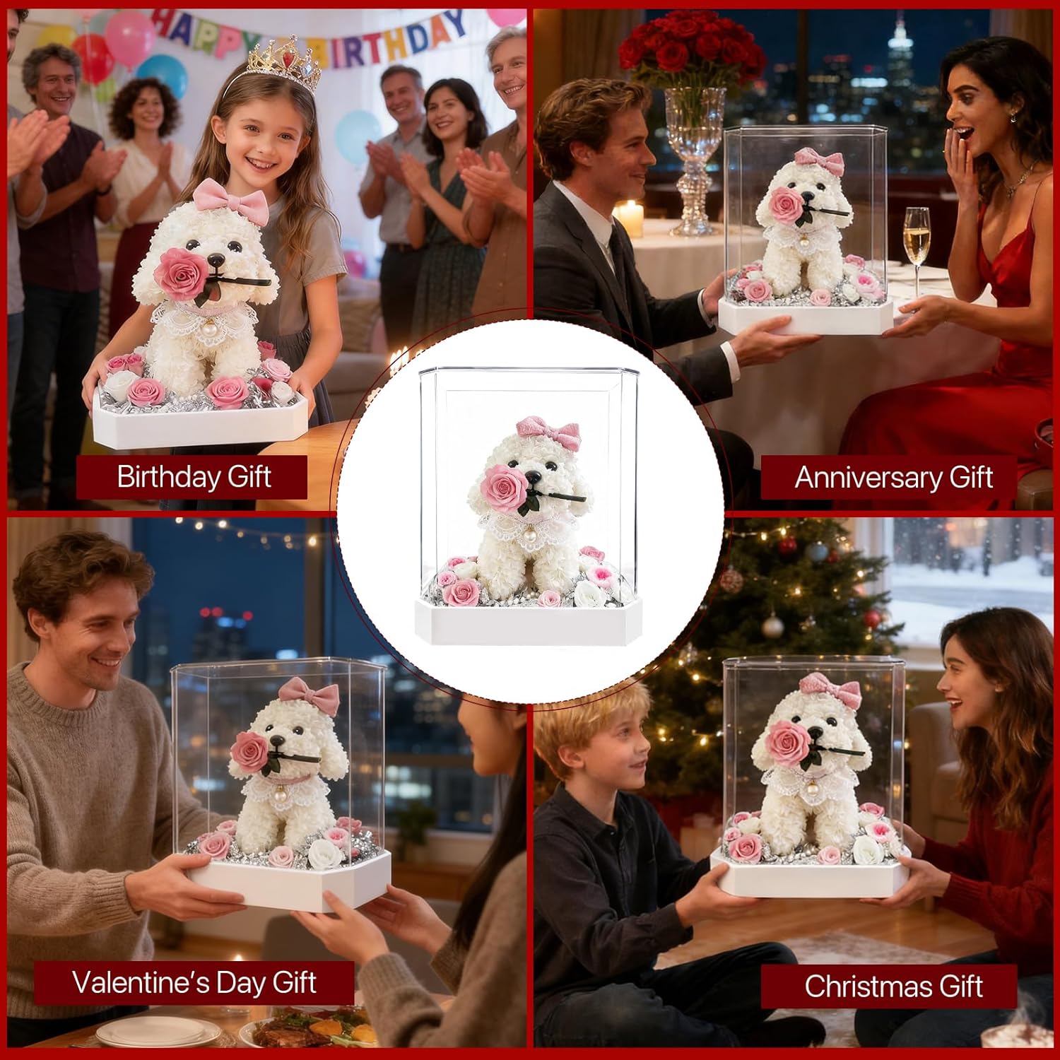 JoyFlower Preserved Flowers Cute Teddy Dog, Eternal Rose & Hydrangea Romantic Gift with Acrylic Cover for Girlfriend Wife Her Women on Valentine's Day, Birthday, Wedding, Anniversary, Christmas(Pink)