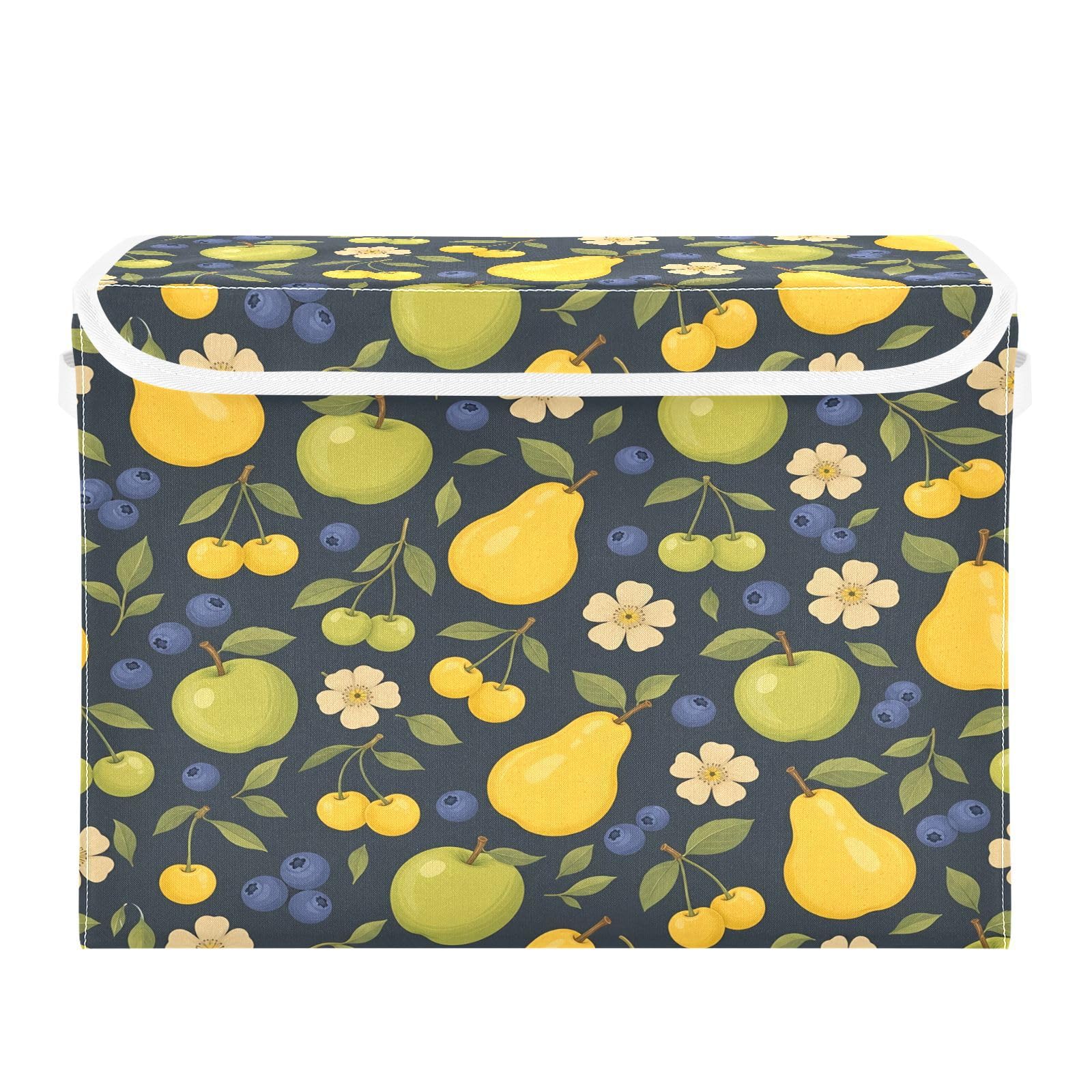 Ewusp Pears Fabric Storage Bin with Lid, Decorative Foldable Storage Basket with Handles, Stackable Closet Shelf Organiser Box for Clothes, Books, Bedroom, Living Room