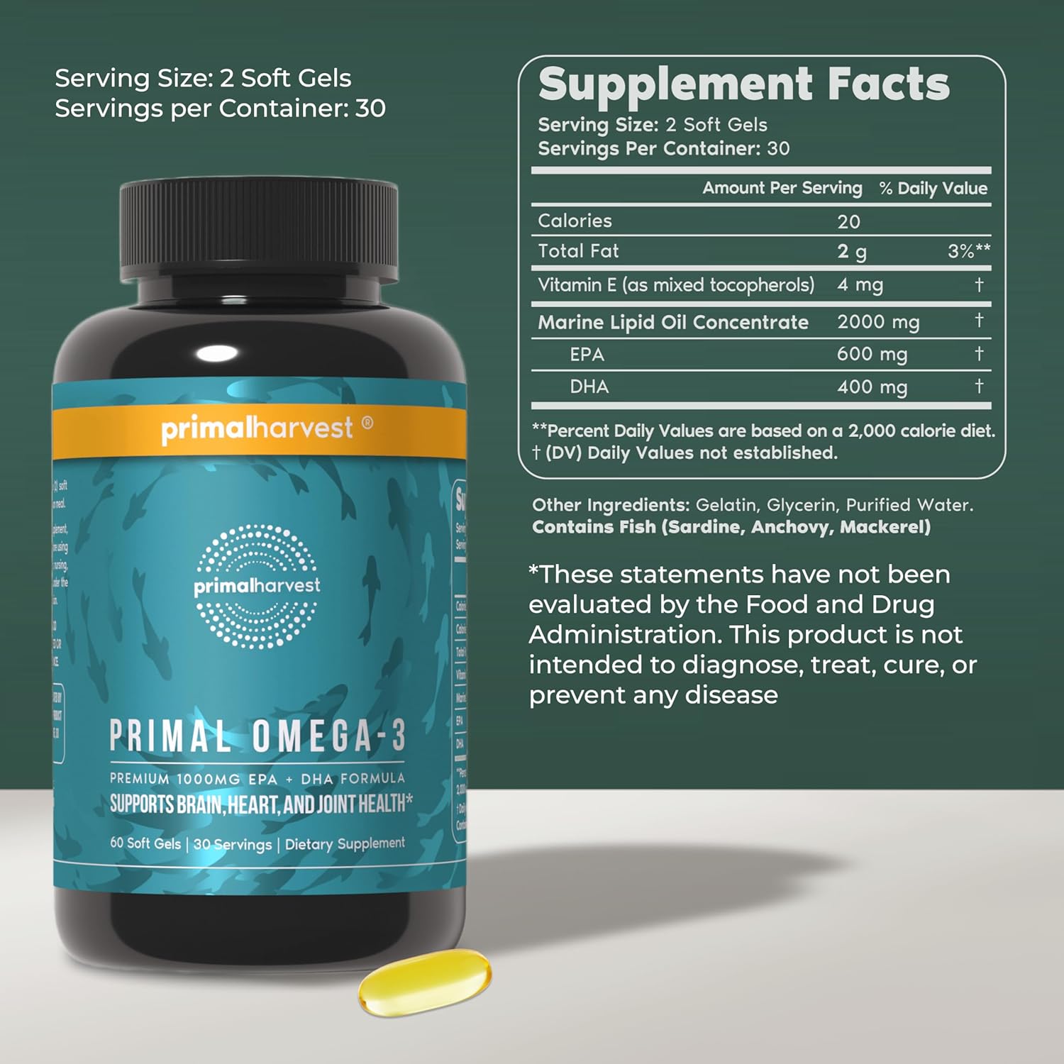 Primal Harvest Omega 3 Fish Oil Supplements, 30 Servings Soft Gels Capsules w/ 1000mg EPA + DHA Supplements, No Fishy Burps Non-GMO Omega 3 Fatty Acid - Image 2