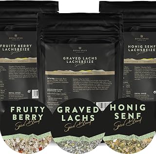 Royal Spice Lachsbeize 3er Set - 3 x 140g: Graved Lachs, Fruity Berry & Honig Senf - Lachs Beize Trockenmarinade für 6kg Fisch - Einfache Anwendung & Perfekte Ergebnisse auch ohne Räuchern
