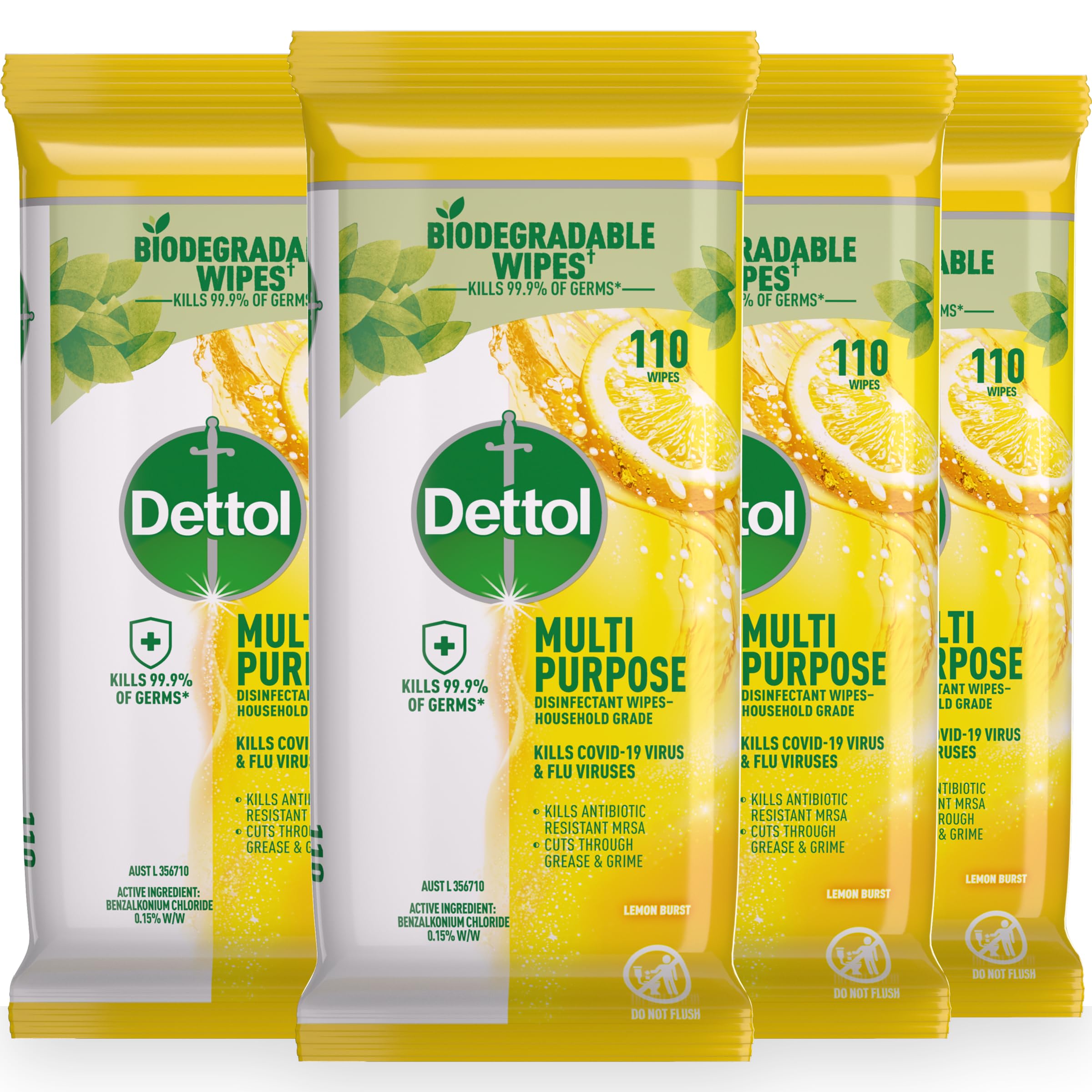 Dettol Biodegradable Antibacterial Multipurpose Wipes Lemon Burst, 440s (4  x 110s) : Amazon.com.au: Home