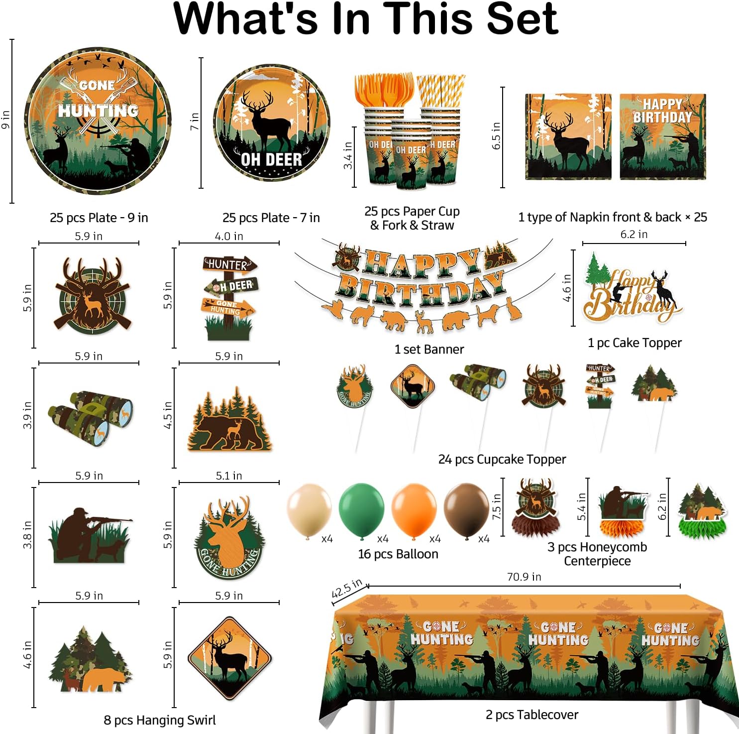 213 Pcs Hunting Birthday Party Decorations, Disposable Camo Hunting Party Tableware Serves 25, with Balloon, Banner, Cake Topper, Plates and Napkins, for Hunting Birthday Party