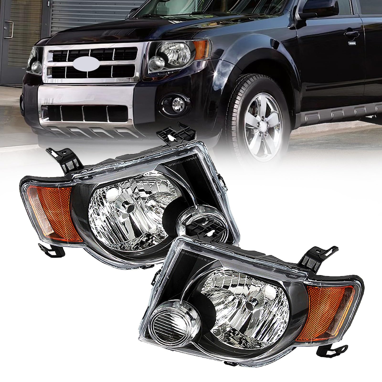 JX RACING Headlight Assembly Compatible With 2008-2012 Ford Escape Black Housing Amber Reflector Clear Lens Headlamps W/O Bulbs Passenger & Driver Side Pair for 8L8Z13008B 8L8Z13008A 9L8Z13008A