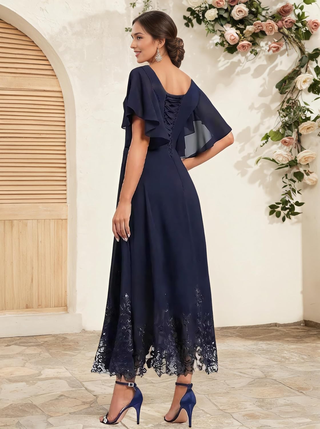 Tea Length Mother of Bride Dresses with Sleeves Chiffon V-Neck Lace Beaded Formal Evening Dresses for Women UU205 - Image 3