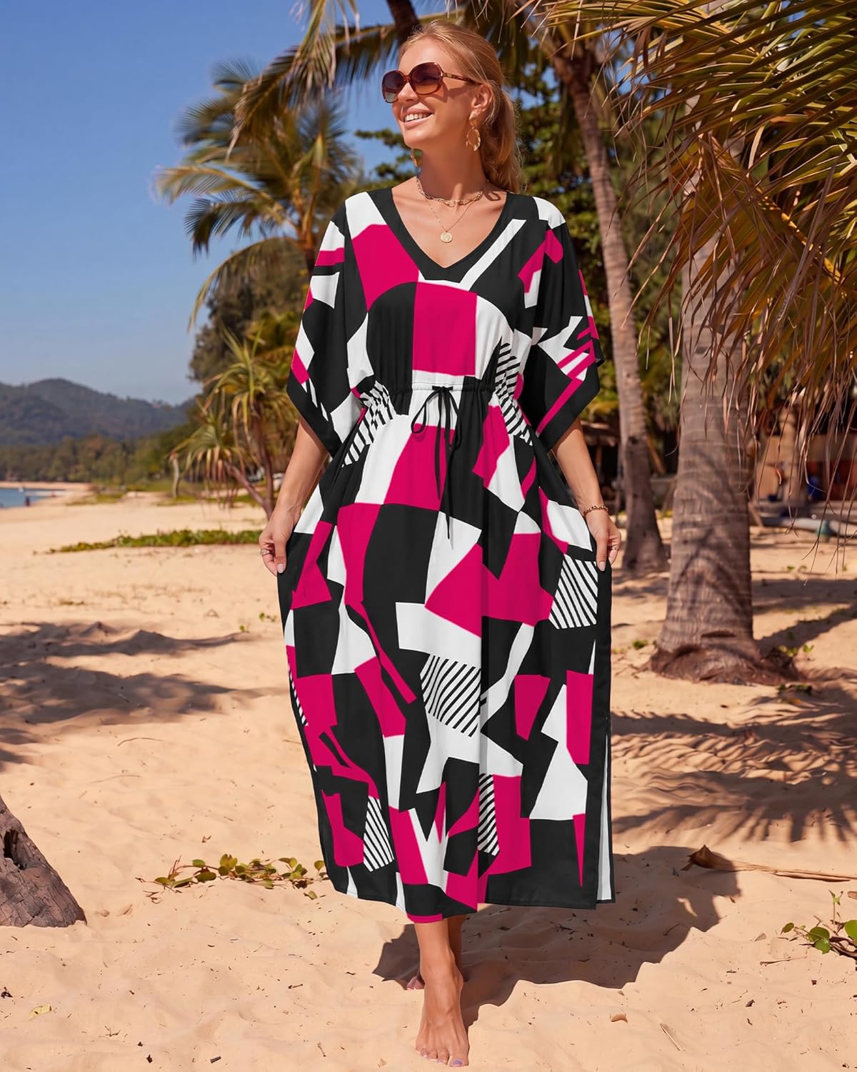 Bsubseach Kaftan Dresses for Women Plus Size Swimsuit Coverup Batwing Sleeves Beach Cover Up with Drawstring Beach Dresses