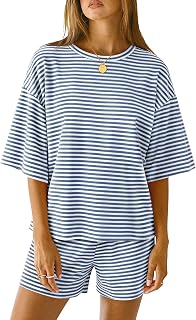 LOMON Summer Pj Sets for Woman 3/4 Sleeve Tops and Elastic Waist Shorts | Spring Loose Fit Crewneck Casual Cute Comfy Soft Lounge Striped Pajamas Lightweight Vacation Beach Home Daily Wear Sleepwear
