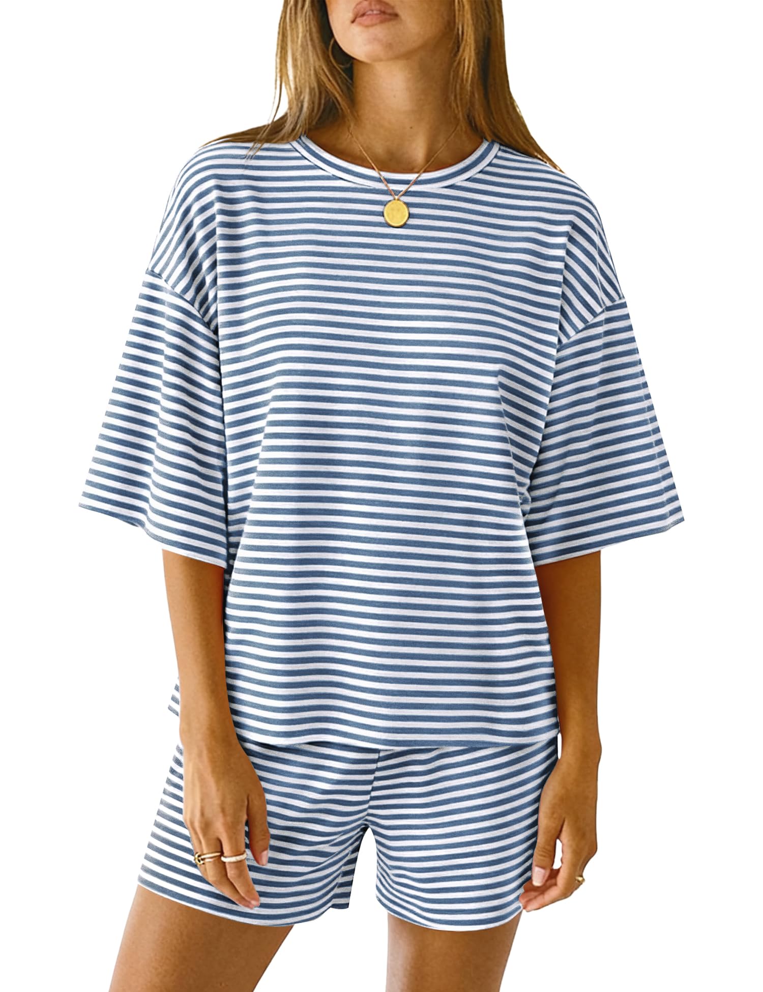 LOMON Two Piece Sets for Women Summer 3 4 Sleeve Tops and Elastic Waist Shorts Pajamas Cute Comfy