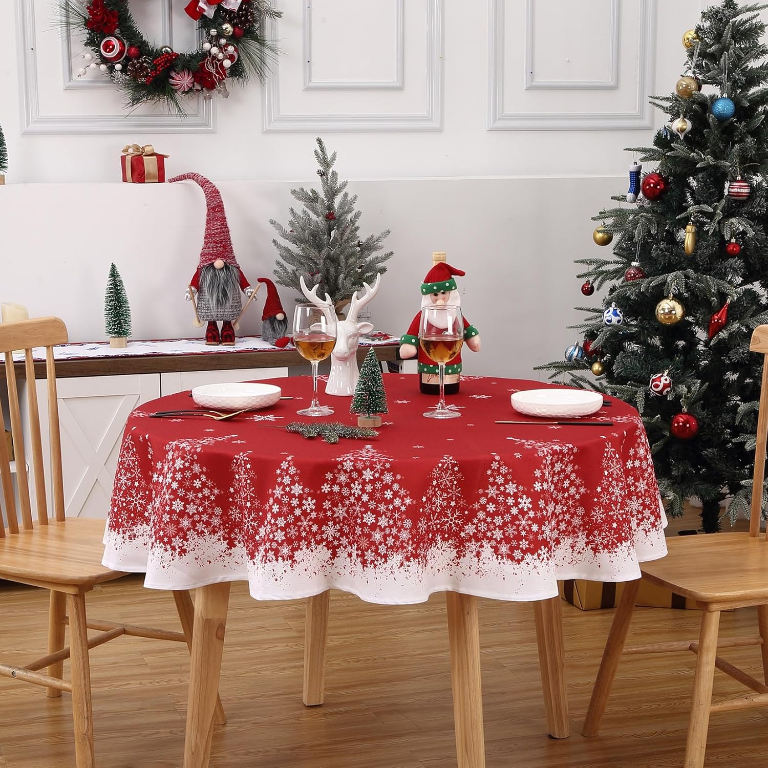 ROYGROW 60 Inch Round Tablecloth Christmas Decorations with Snowflake and Xmas Tree Print, Washable Decorative Table Covers for Winter Holiday Festive Party Dinner Decor, Red Red 60" (Round)