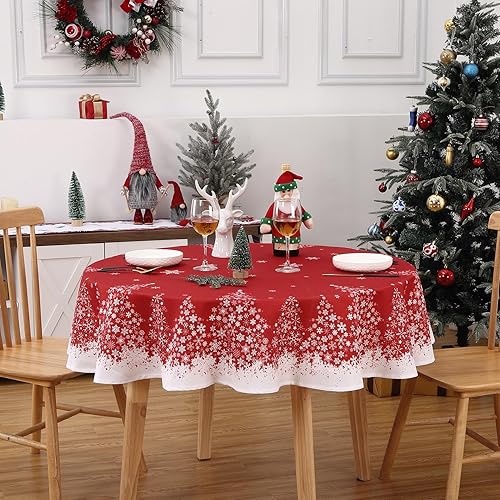 Mantel redondo de copo de nieve de Navidad de 60 pulgadas con decoración de árbol, cubierta de mesa lavable para fiestas, picnic, decoración de cenas